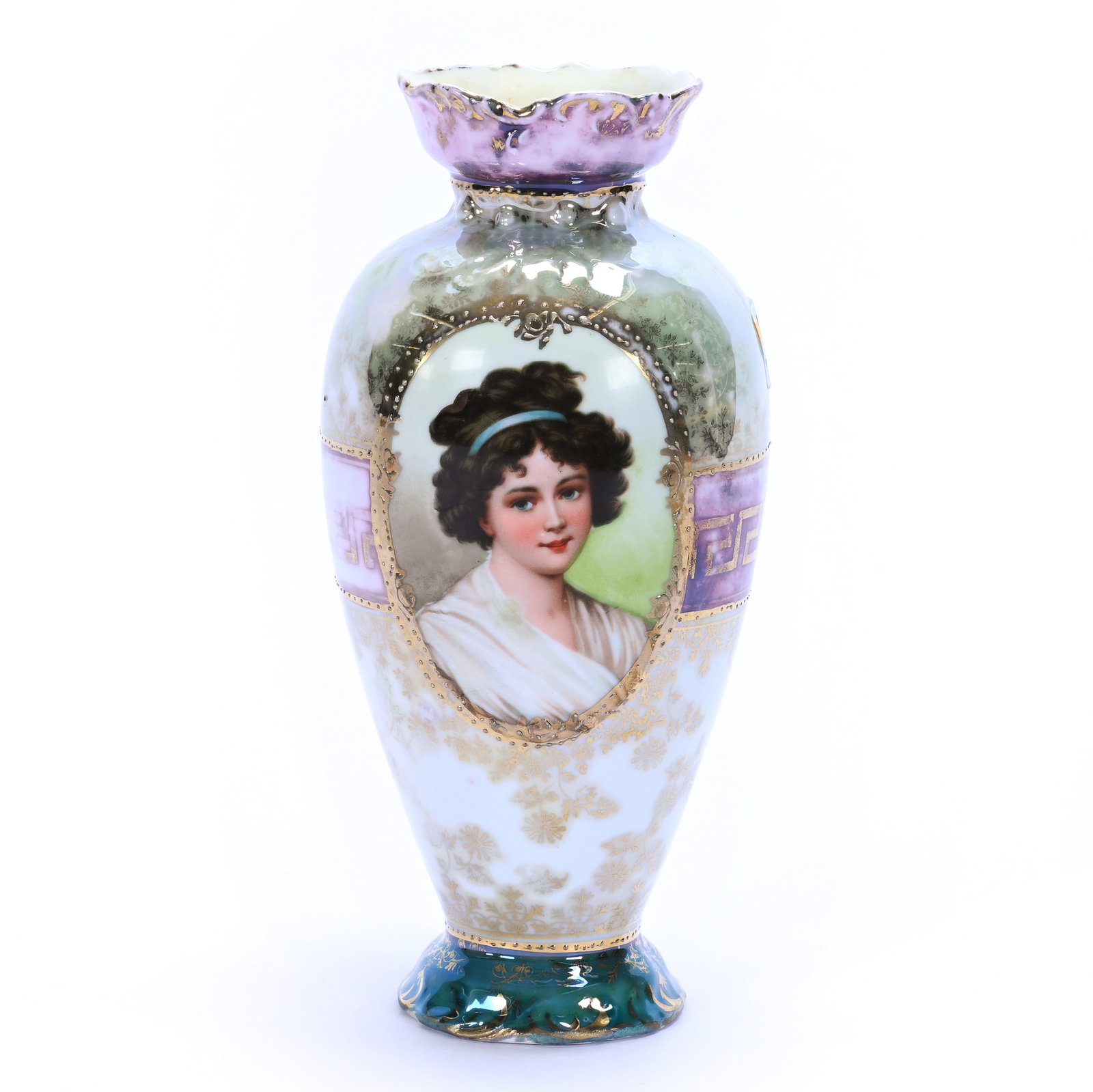 Vase, Marked Royal Vienna: Vase, Marked Royal Vienna, 7.75 x 3.5 x 3.5 Inches, Medallion Portrait Lebrun With Ribbon, Green, White, And Lavender Luster Finish, Gold Stencil Highlights, Some Luster Wear, 0.6 Pounds.