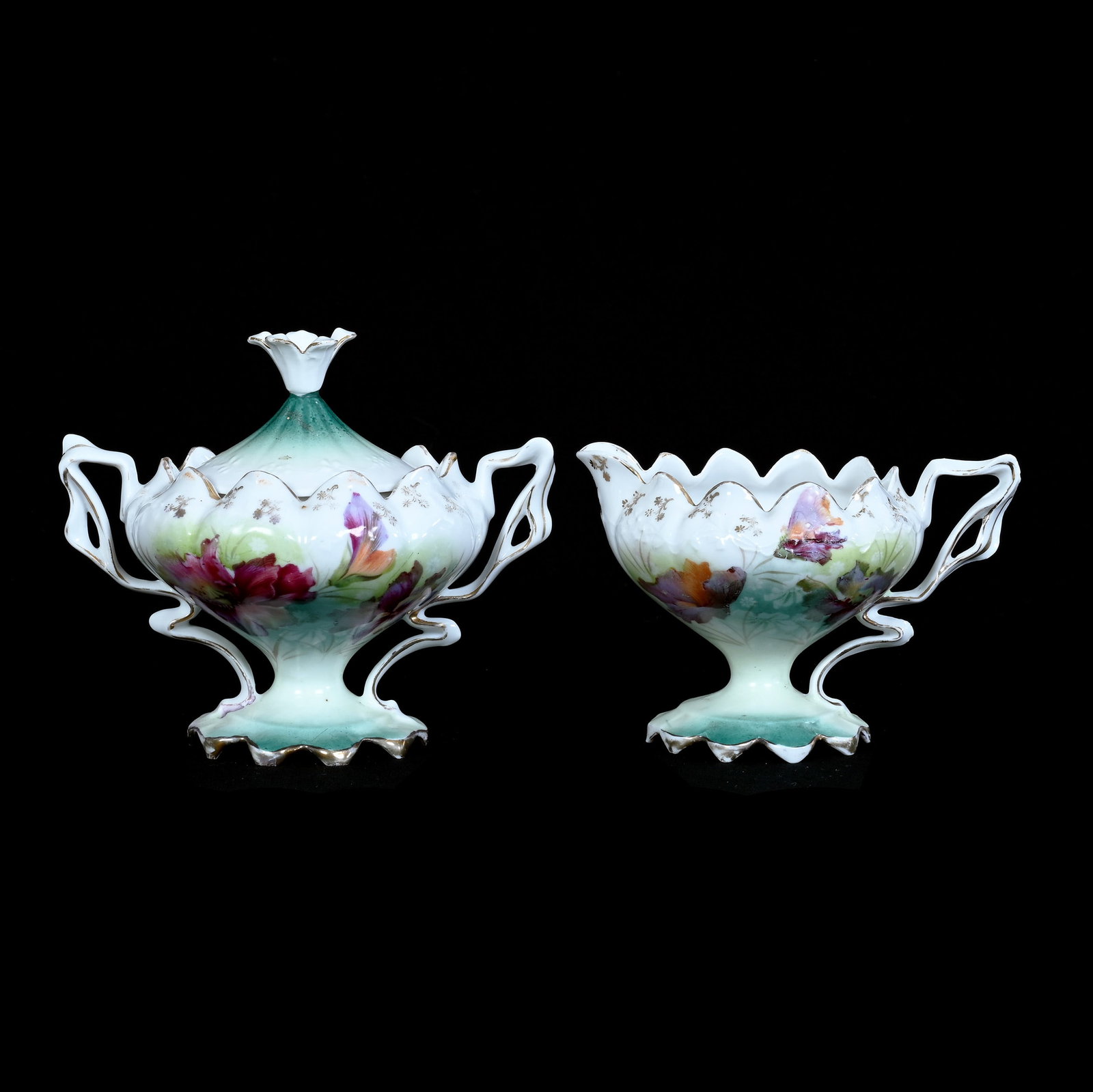 Pedestal Creamer And Sugar, Unmarked R.S. Prussia: Pedestal Creamer And Sugar, Unmarked R.S. Prussia, 4.75 x 5.75 x 4.25 Inches, Green And White Tones With Poppy Decor, 0.8 Pounds. LiveAuctioneers Invoices Must Be Paid Using the PAY NOW / CHECK OUT Bu