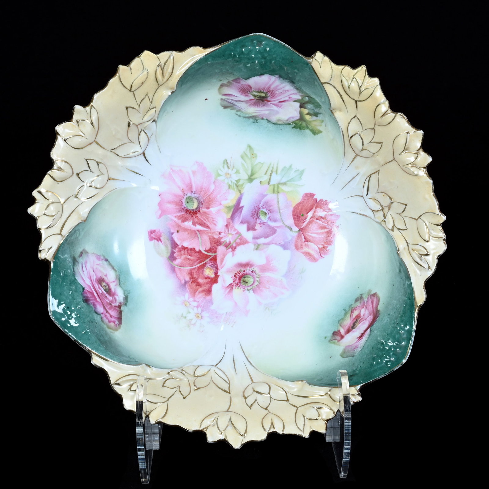 Bowl, Marked R.S. Prussia: Bowl, Marked R.S. Prussia, 10.25 x 10.25 x 3 Inches, Floral Mold, Green, Cream, And White Tones With Pink Poppy Decor, Point Repair, 1.2 Pounds. LiveAuctioneers Invoices Must Be Paid Using the PAY NOW
