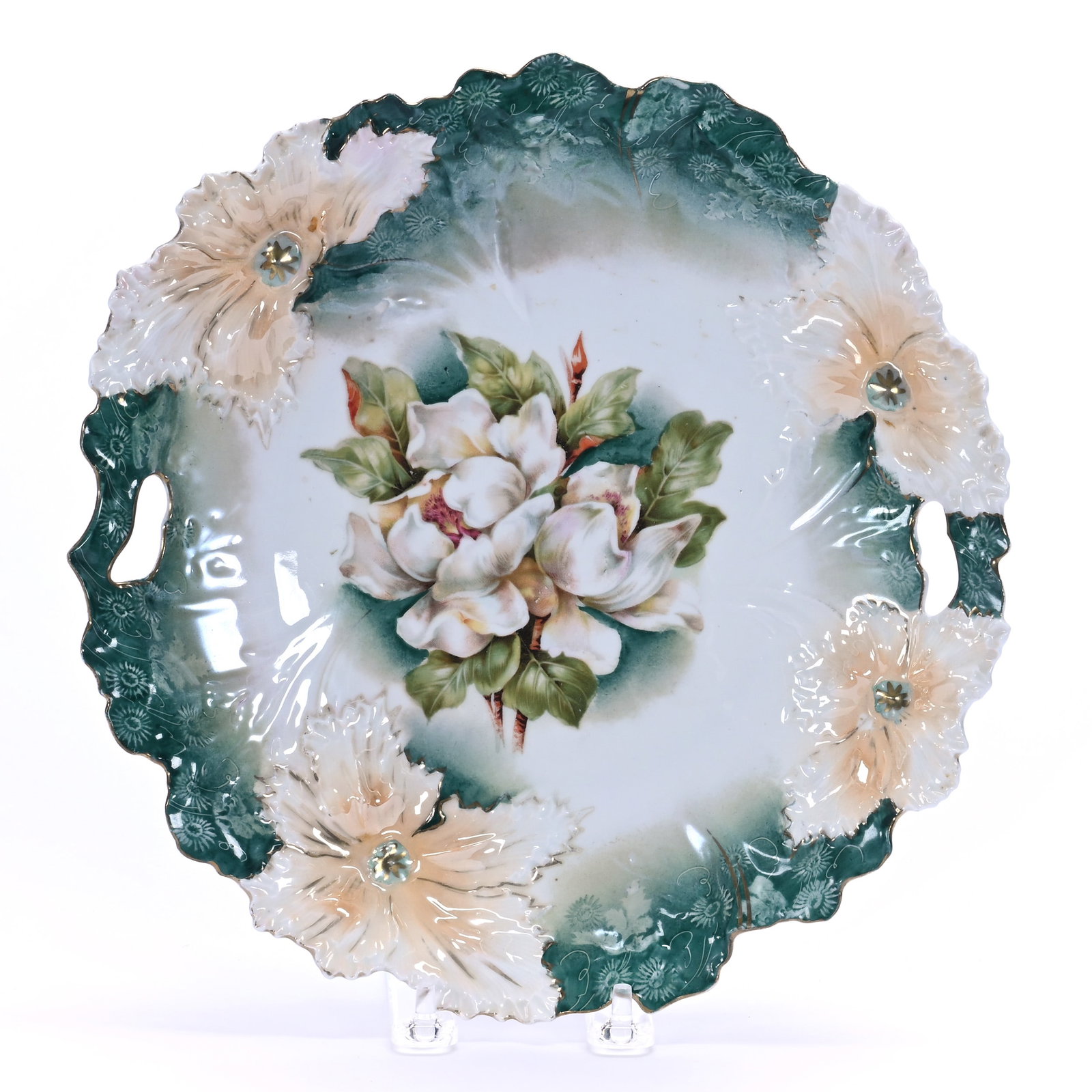 Two Handled Cake Plate, Marked R.S. Prussia, Carnation Mold (1 of 2)