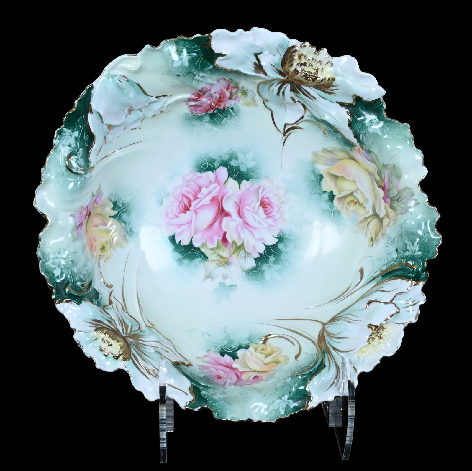 Bowl, Unmarked R.S. Prussia, Floral Mold: Bowl, Unmarked R.S. Prussia, Floral Mold, 10.5 x 10.5 x 3 Inches, Green Tones With Pink And Yellow Rose Decor, Rim Nick, 1.1 Pounds. LiveAuctioneers Invoices Must Be Paid Using the PAY NOW / CHECK OUT