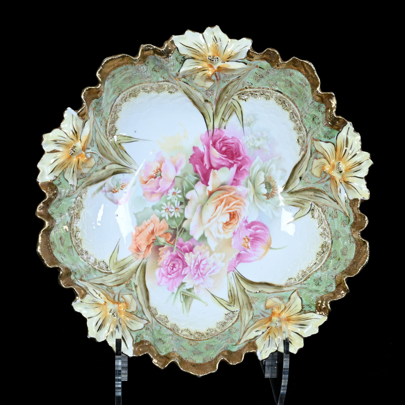 Bowl, Marked R.S. Prussia, Floral Mold: Bowl, Marked R.S. Prussia, Floral Mold, 10.5 x 10.5 x 3.25 Inches, White Center With Rose Decor, Green Border, Gold Trim And Stencil Highlights, 1.4 Pounds. LiveAuctioneers Invoices Must Be Paid Using