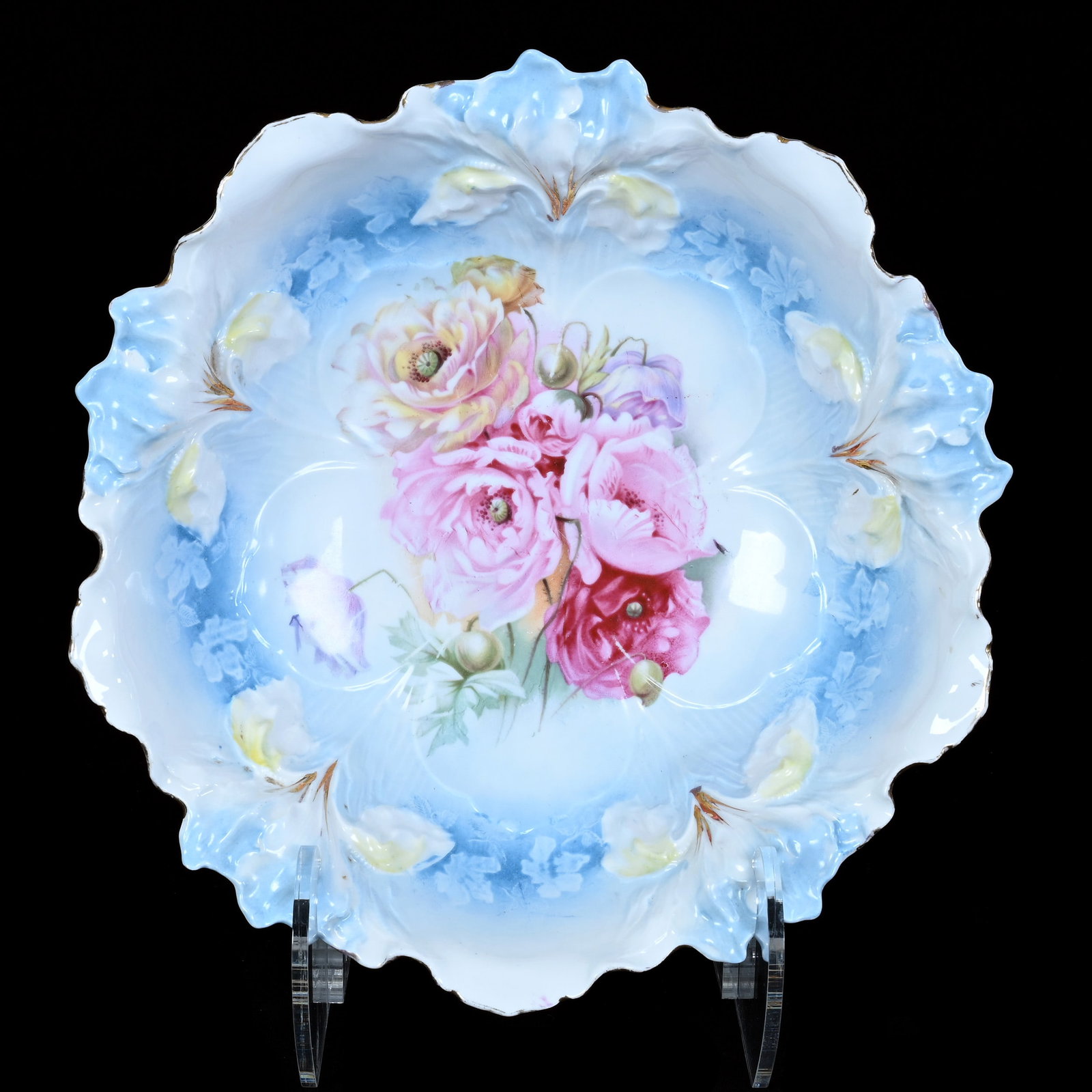 Bowl, Marked R.S. Prussia, Iris Mold: Bowl, Marked R.S. Prussia, Iris Mold, 10.5 x 10.5 x 3 Inches, Blue, White, And Yellow Tones With Poppy Decor, 1.3 Pounds. LiveAuctioneers Invoices Must Be Paid Using the PAY NOW / CHECK OUT Button