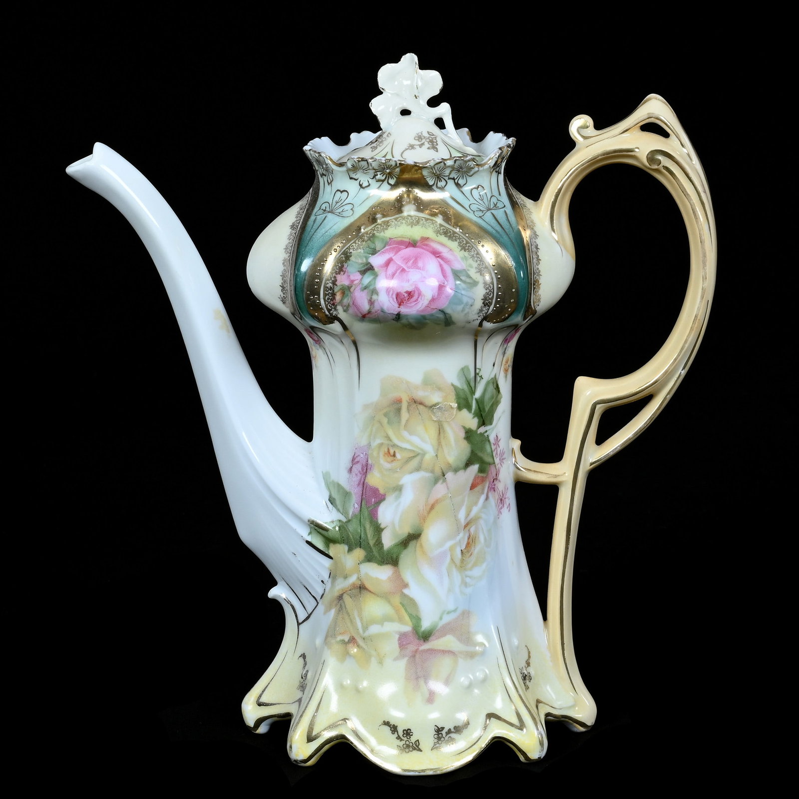 Coffee Pot, Marked R.S. Prussia, Point And Clover Mold: Coffee Pot, Marked R.S. Prussia, Point And Clover Mold, 9.25 x 8.5 x 4.25 Inches, Green, Yellow, And White Tones With Rose Decor, 1.3 Pounds. LiveAuctioneers Invoices Must Be Paid Using the PAY NOW / 