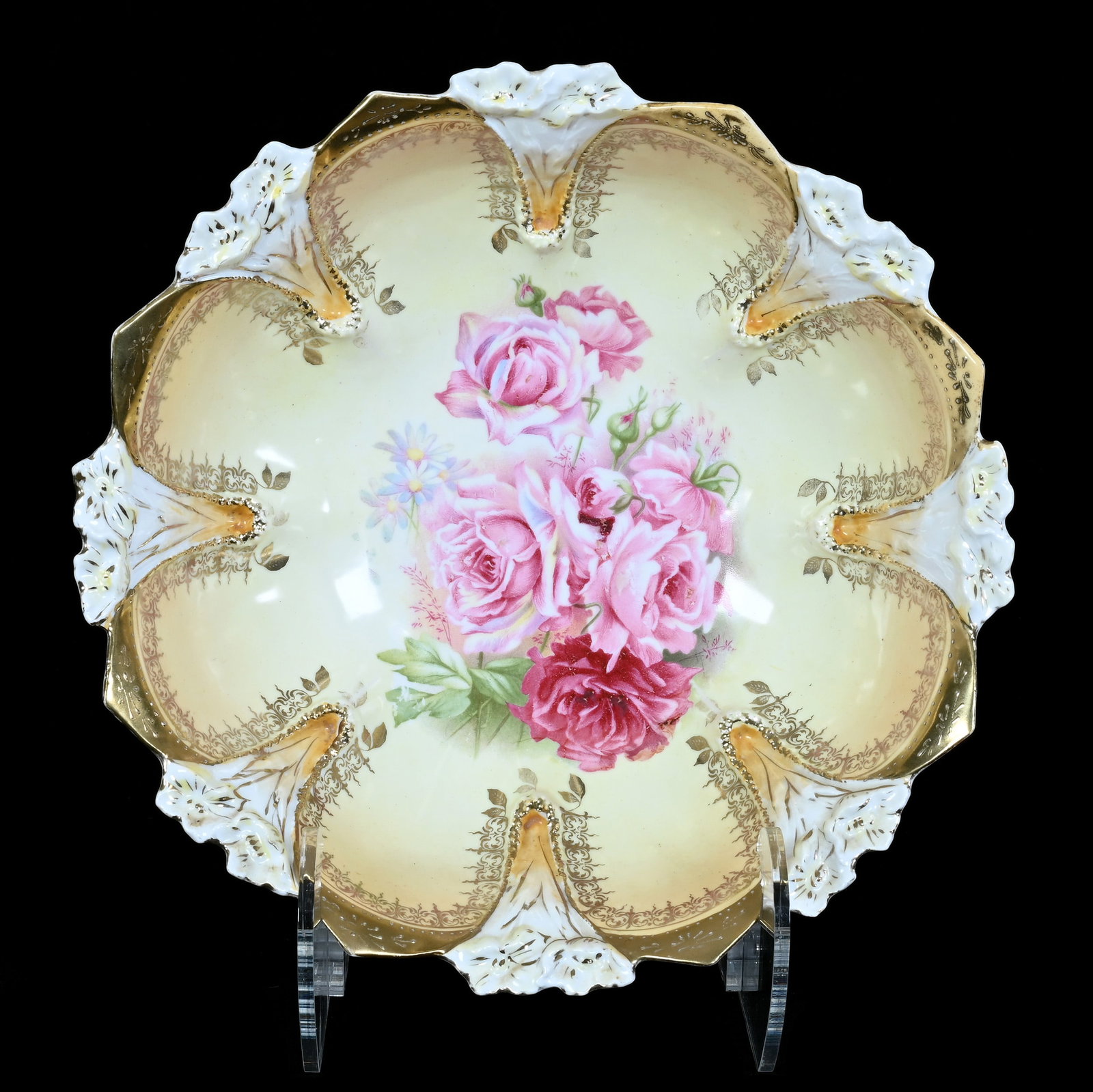 Bowl, Marked R.S. Prussia: Bowl, Marked R.S. Prussia, 10.25 x 10.25 x 3 Inches, Yellow And Cream Tones With Pink Rose Decor, Yellow Trim And Gold Stencil Highlights, 1.4 Pounds. LiveAuctioneers Invoices Must Be Paid Using the P