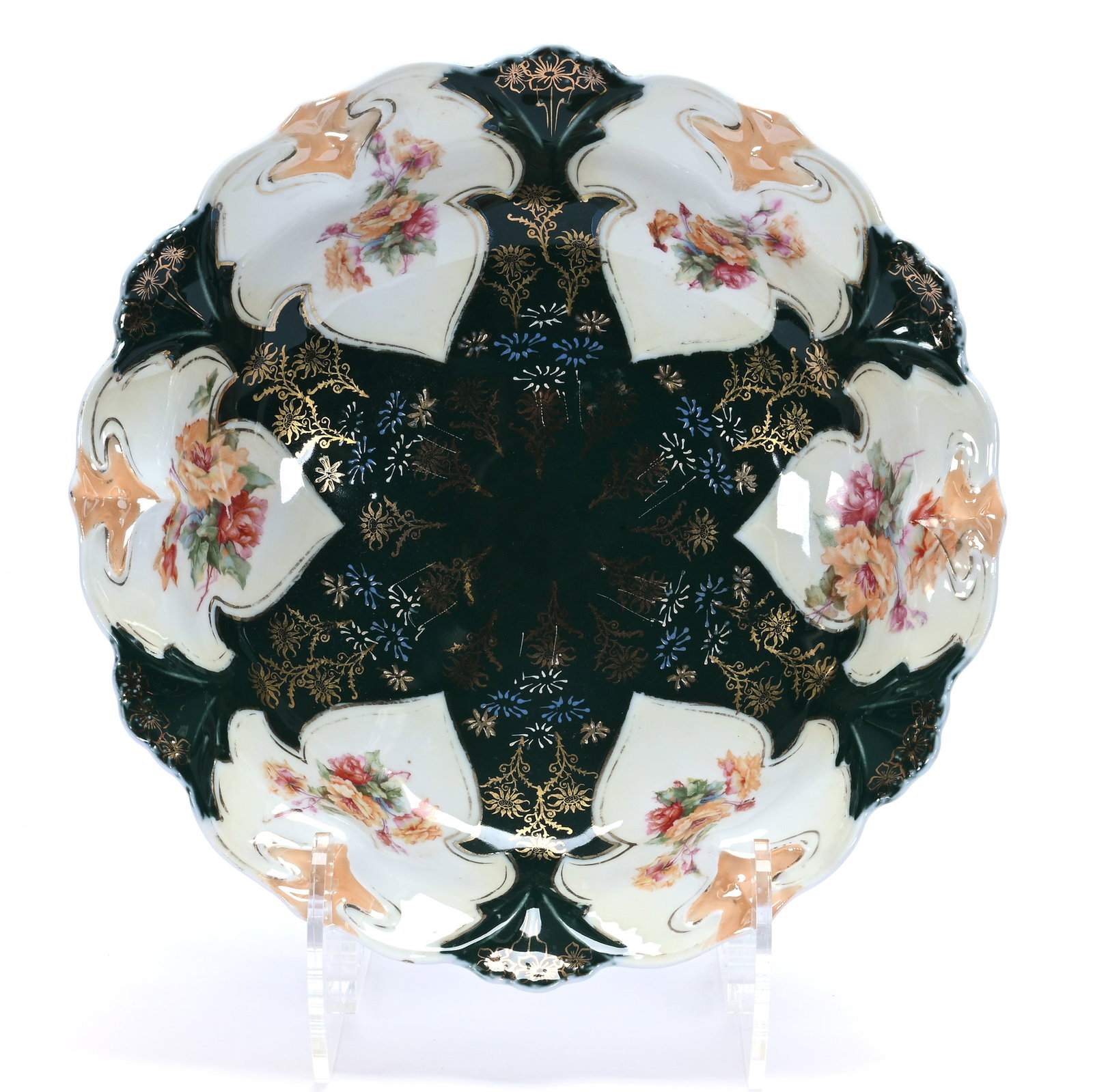 Bowl, R.S. Steeple Mark: Bowl, R.S. Steeple Mark, 10.5 x 10.5 x 2.75 Inches, Dark Green Center With Yellow And White Domes, Wild Floral Decor, Gold Stencil And Blue Enamel Highlights, 1.3 Pounds. LiveAuctioneers Invoices Must