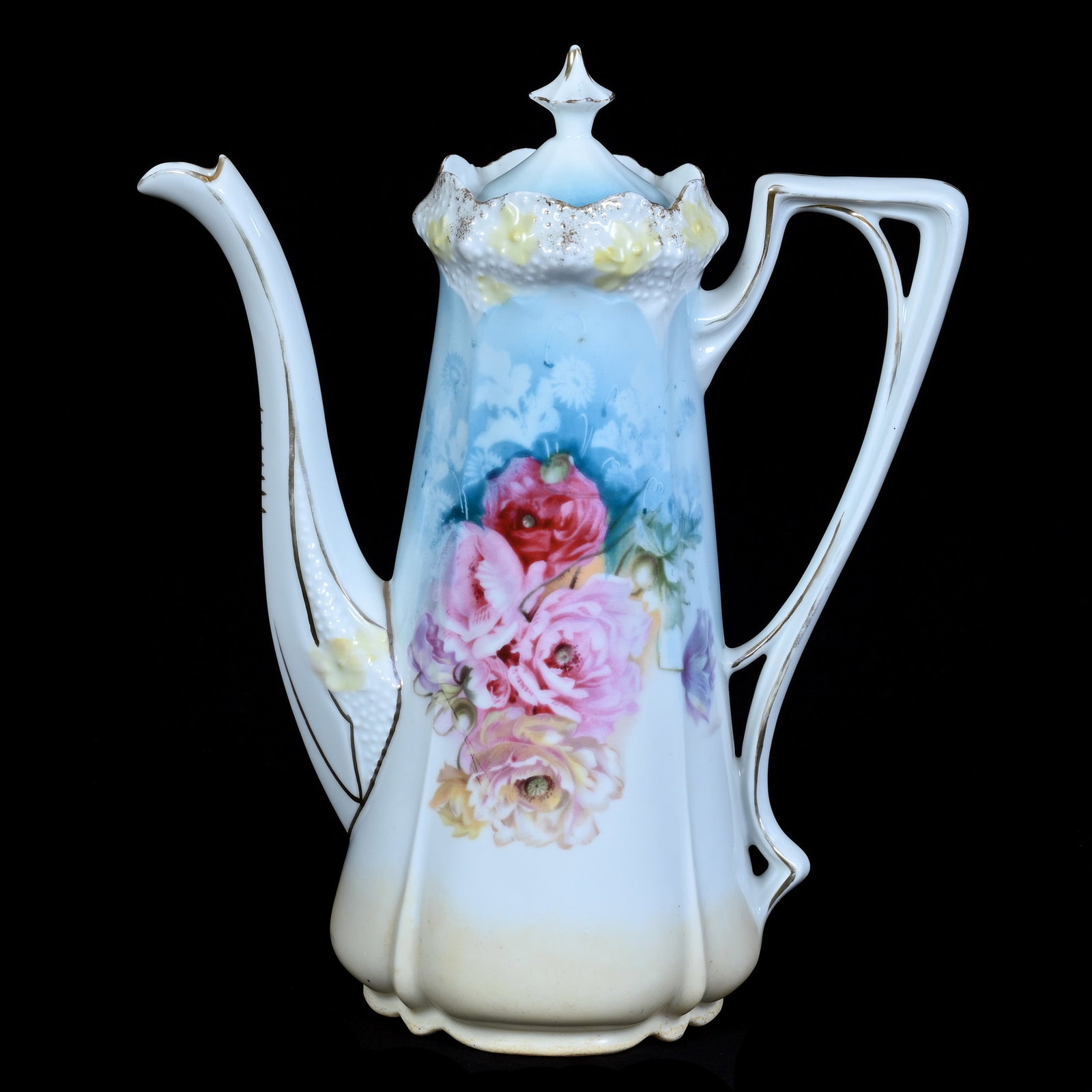 Coffee Pot, Marked R.S. Prussia, Stipple Mold: Coffee Pot, Marked R.S. Prussia, Stipple Mold, 9.25 x 7.5 x 4 Inches, Blue, White, And Cream Tones With Poppy Decor, 1.3 Pounds. LiveAuctioneers Invoices Must Be Paid Using the PAY NOW / CHECK OUT