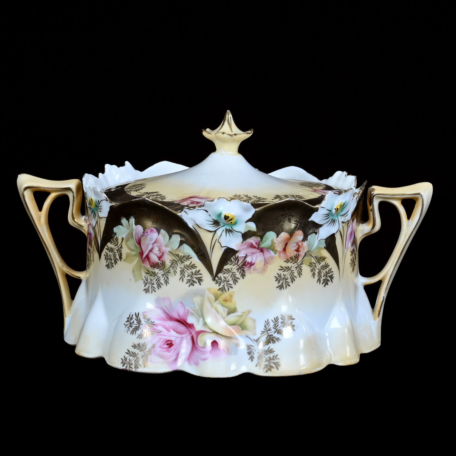 Two Handled Cracker Jar, Unmarked R.S. Prussia, Lily Mold (1 of 3)