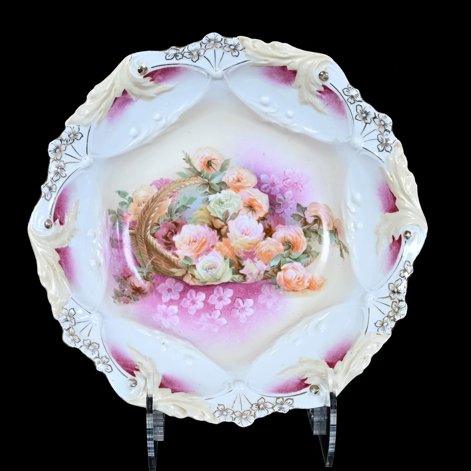 Bowl, Marked R.S. Prussia: Bowl, Marked R.S. Prussia, 11 x 11 x 3 Inches, Cream, Pink, And White Tones With Spilled Basket Decor, 1.3 Pounds. LiveAuctioneers Invoices Must Be Paid Using the PAY NOW / CHECK OUT Button Which Incl