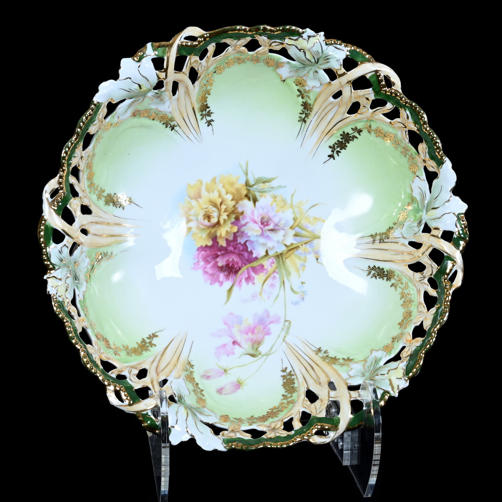 Bowl, Unmarked R.S. Prussia, Reticulated Mold: Bowl, Unmarked R.S. Prussia, Reticulated Mold, 10.25 x 10.25 x 2.75 Inches, Green, Cream, And White Tones With Floral Decor, Nice Gold Highlights, 1.2 Pounds. LiveAuctioneers Invoices Must Be Paid