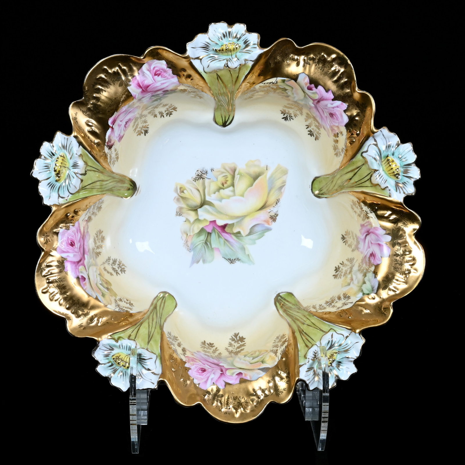 Bowl, Unmarked R.S. Prussia, Floral Mold: Bowl, Unmarked R.S. Prussia, Floral Mold, 10.5 x 10.5 x 3.25 Inches, Cream And White Center With Heavy Gold Border, Pink And Yellow Rose Decor, 1.2 Pounds. LiveAuctioneers Invoices Must Be Paid Using