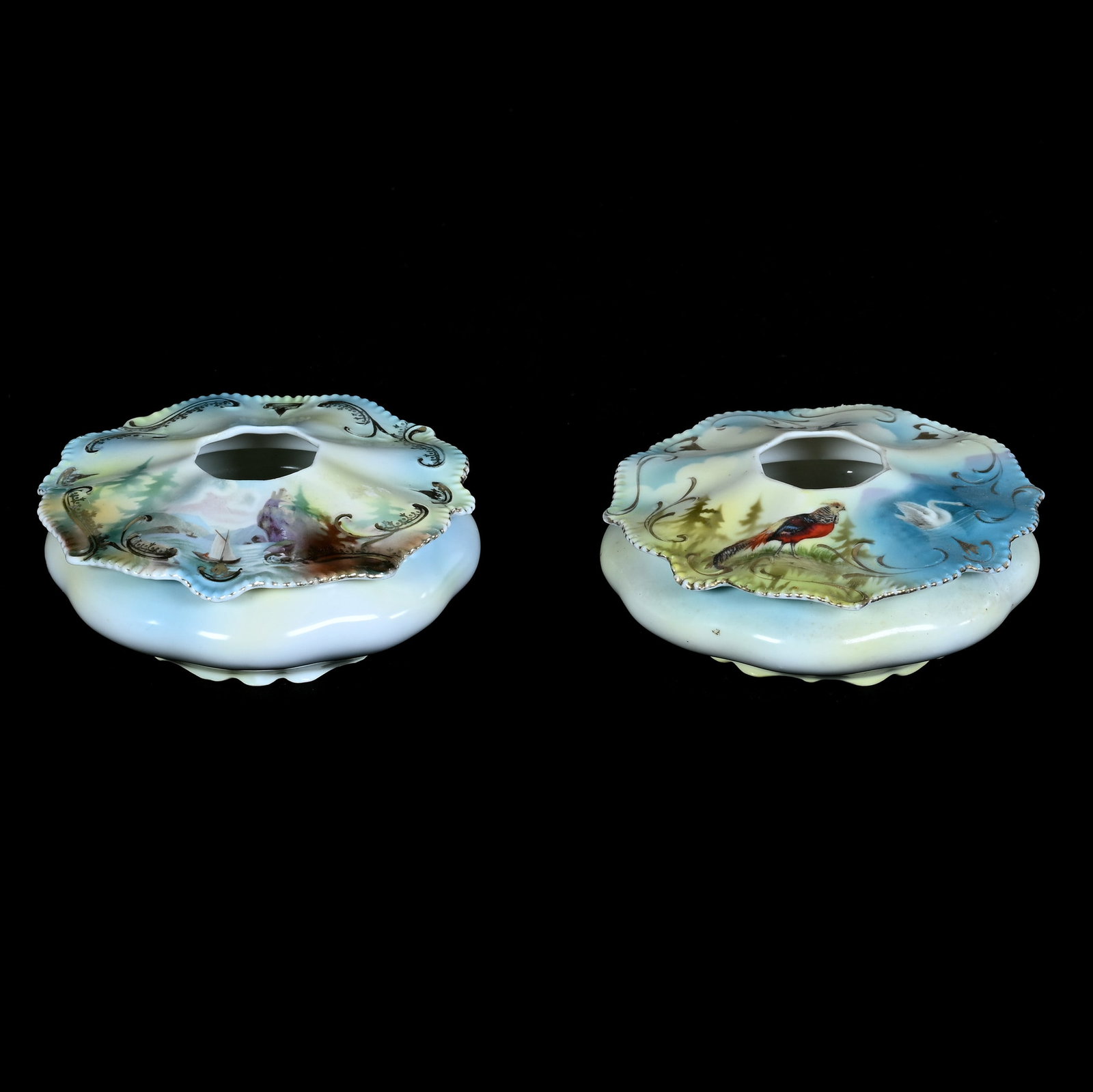 (2) Hair Receivers, Marked R.S. Prussia: (2) Hair Receivers, Marked R.S. Prussia, 2.25 x 5.25 x 5.25 Inches, (1) Three Scene: Pheasant, Swan, And Bluebird Decor, (1) Old Man In The Mountain Scenic Decor, Minor Rim Touchup, 1.2 Pounds.