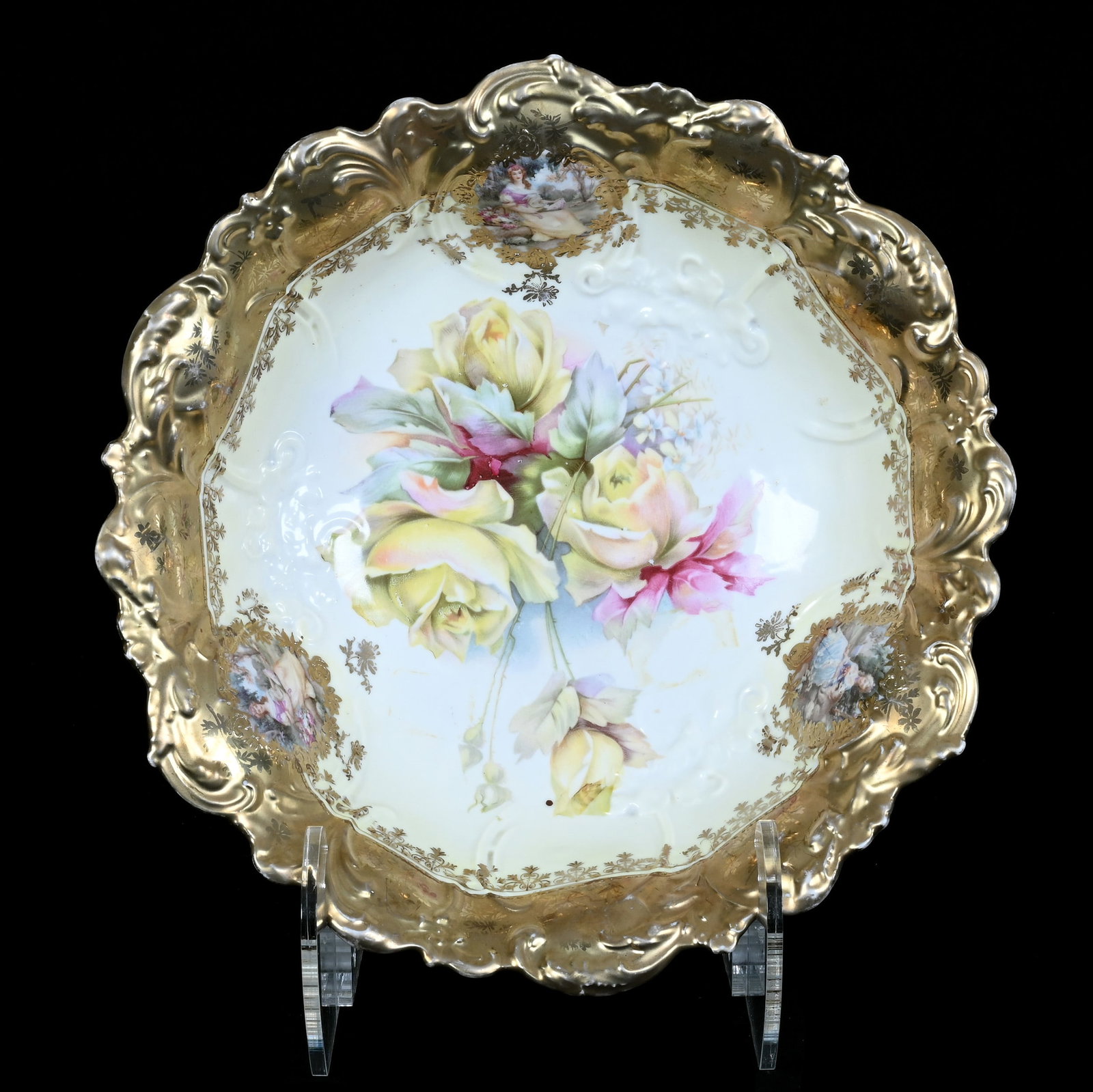 Bowl, Unmarked R.S. Prussia: Bowl, Unmarked R.S. Prussia, 10.25 x 10.25 x 2.75 Inches, Yellow And White Tones With Yellow Rose Decor, Heavy Gold Border With Medallions Featuring Woman Seated With Fan And Woman Seated With Dog, 1