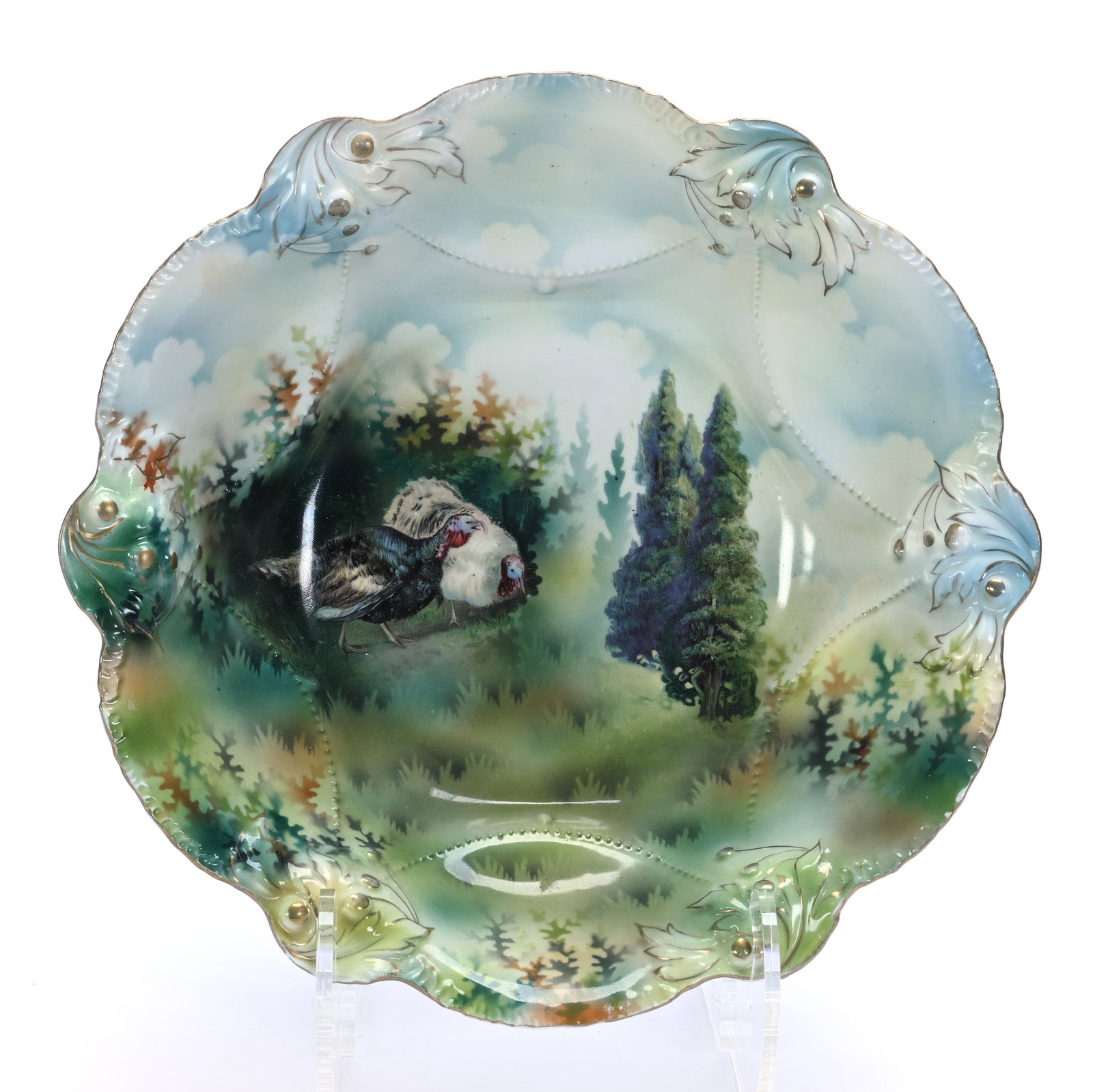 Bowl, Marked R.S. Prussia: Bowl, Marked R.S. Prussia, 11 x 11 x 3 Inches, Turkey And Evergreen Scenic Decor, 1.4 Pounds. LiveAuctioneers Invoices Must Be Paid Using the PAY NOW / CHECK OUT Button Which Includes Fees And Sales T
