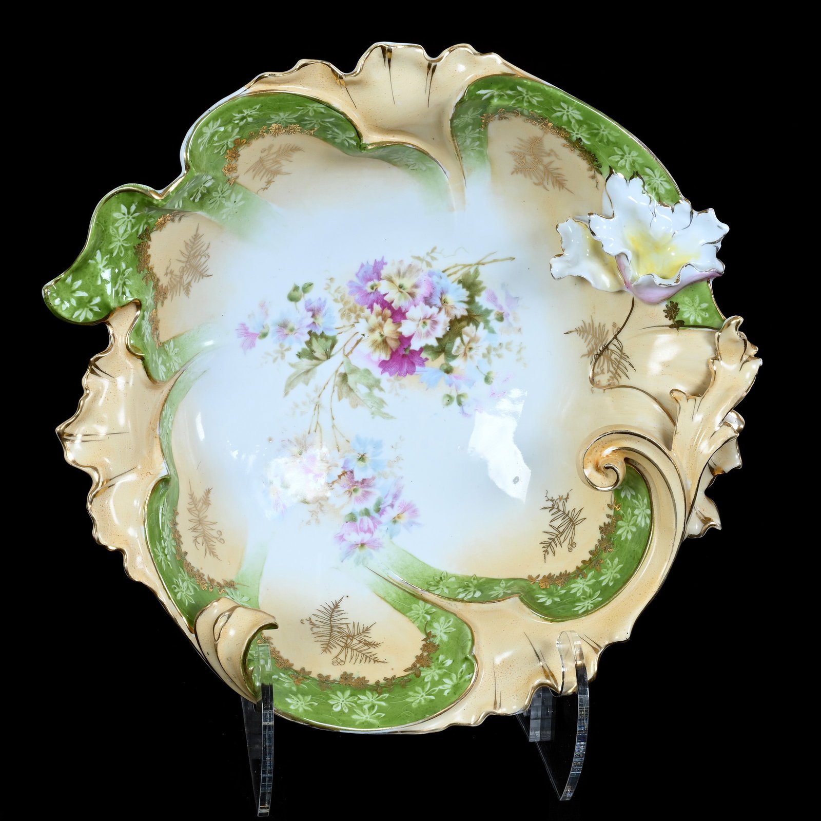 Bowl, Unmarked R.S. Prussia, Three Dimensional Floral Mold: Bowl, Unmarked R.S. Prussia, Three Dimensional Floral Mold, 10.75 x 10.75 x 3.5 Inches, Green, Cream, And White Tones With Wild Floral Decor, 1.8 Pounds. LiveAuctioneers Invoices Must Be Paid Using