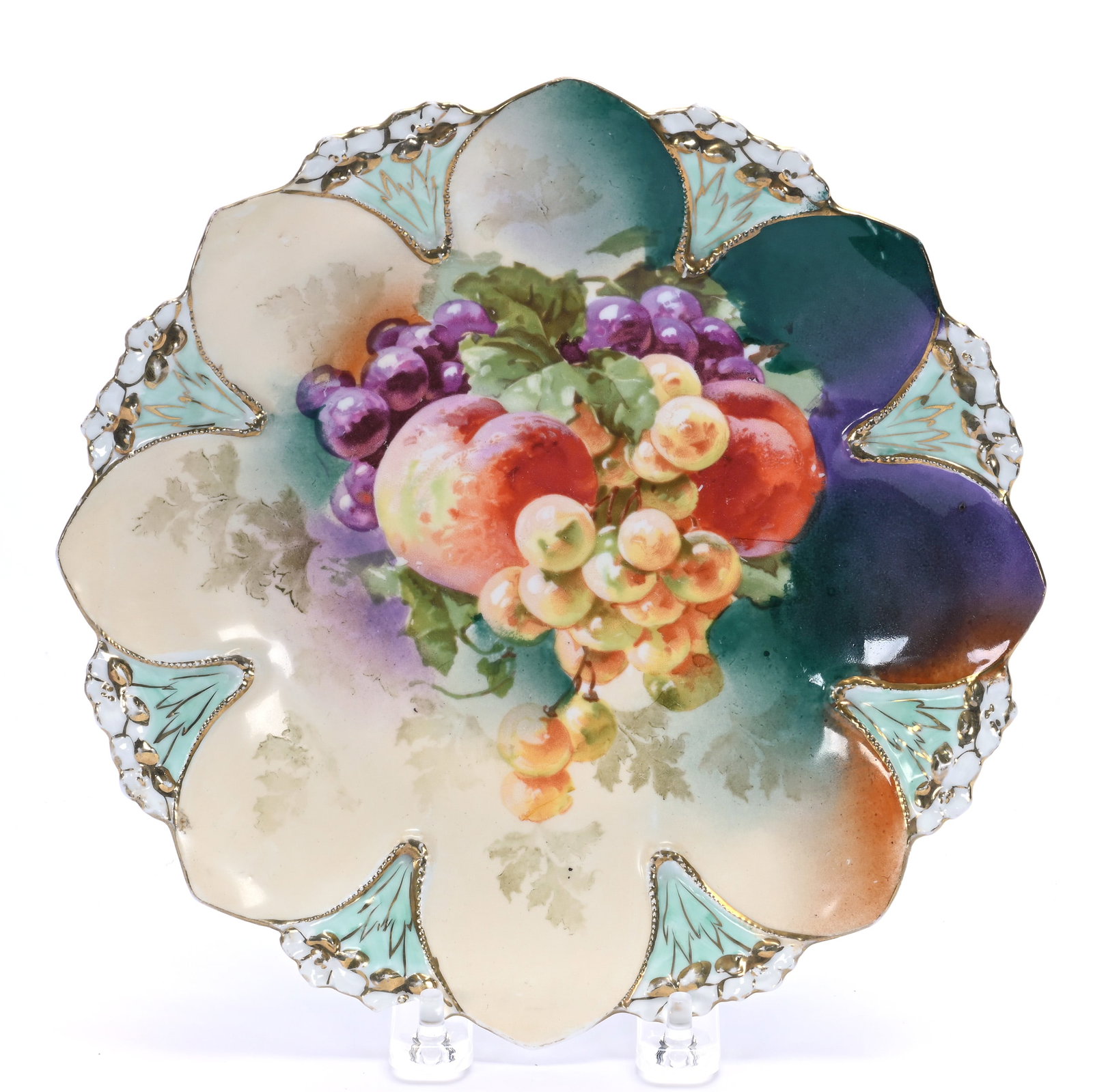 Plate, Marked R.S. Prussia: Plate, Marked R.S. Prussia, 8.75 x 8.75 x 1.25 Inches, Lavender, Green, Cream, And Brown Tones With Fruit Decor, 0.6 Pounds. LiveAuctioneers Invoices Must Be Paid Using the PAY NOW / CHECK OUT Button 