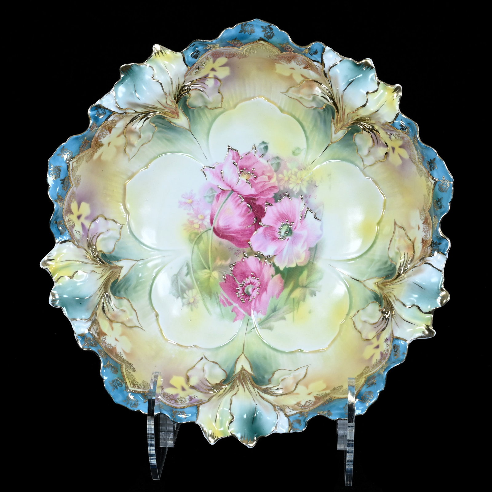 Bowl, Marked R.S. Prussia, Iris Mold: Bowl, Marked R.S. Prussia, Iris Mold, 10.5 x 10.5 x 3 Inches, Pink Poppy Decor, Green And Yellow Background With Blue Border, Nice Gold Highlights 1.1 Pounds. LiveAuctioneers Invoices Must Be Paid Usi