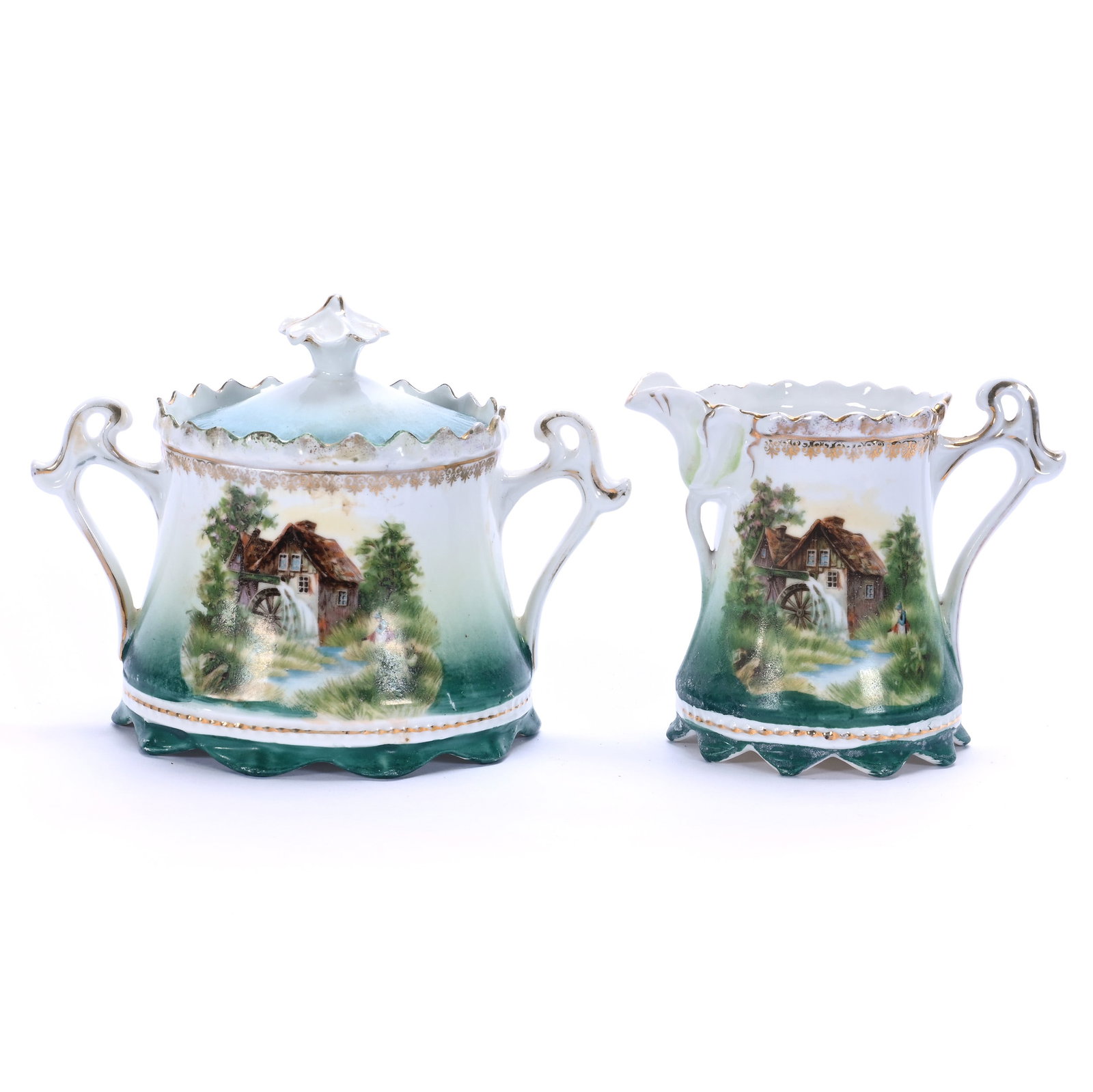 Creamer And Sugar, Marked R.S. Prussia: Creamer And Sugar, Marked R.S. Prussia, 4 x 5.5 x 4 Inches, Green And White Tones With Mill Scene Decor, 0.7 Pounds. LiveAuctioneers Invoices Must Be Paid Using the PAY NOW / CHECK OUT Button Which