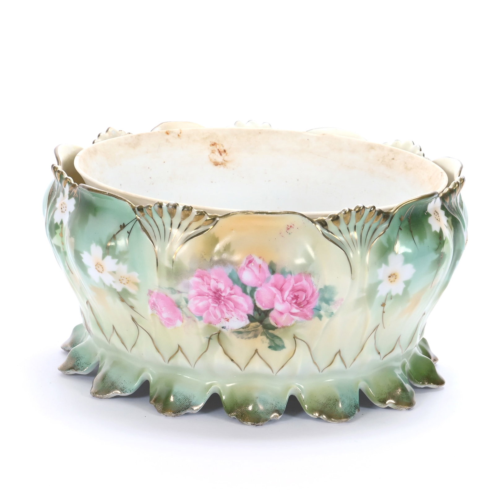 Fern Holder With Insert, Unmarked R.S. Prussia: Fern Holder With Insert, Unmarked R.S. Prussia, 4 x 8 x 8 Inches, Green And Cream Tones With Pink Rose Decor, Planter Has Rim Repair, Insert Has Rim Chip, 2 Pounds. LiveAuctioneers Invoices Must Be