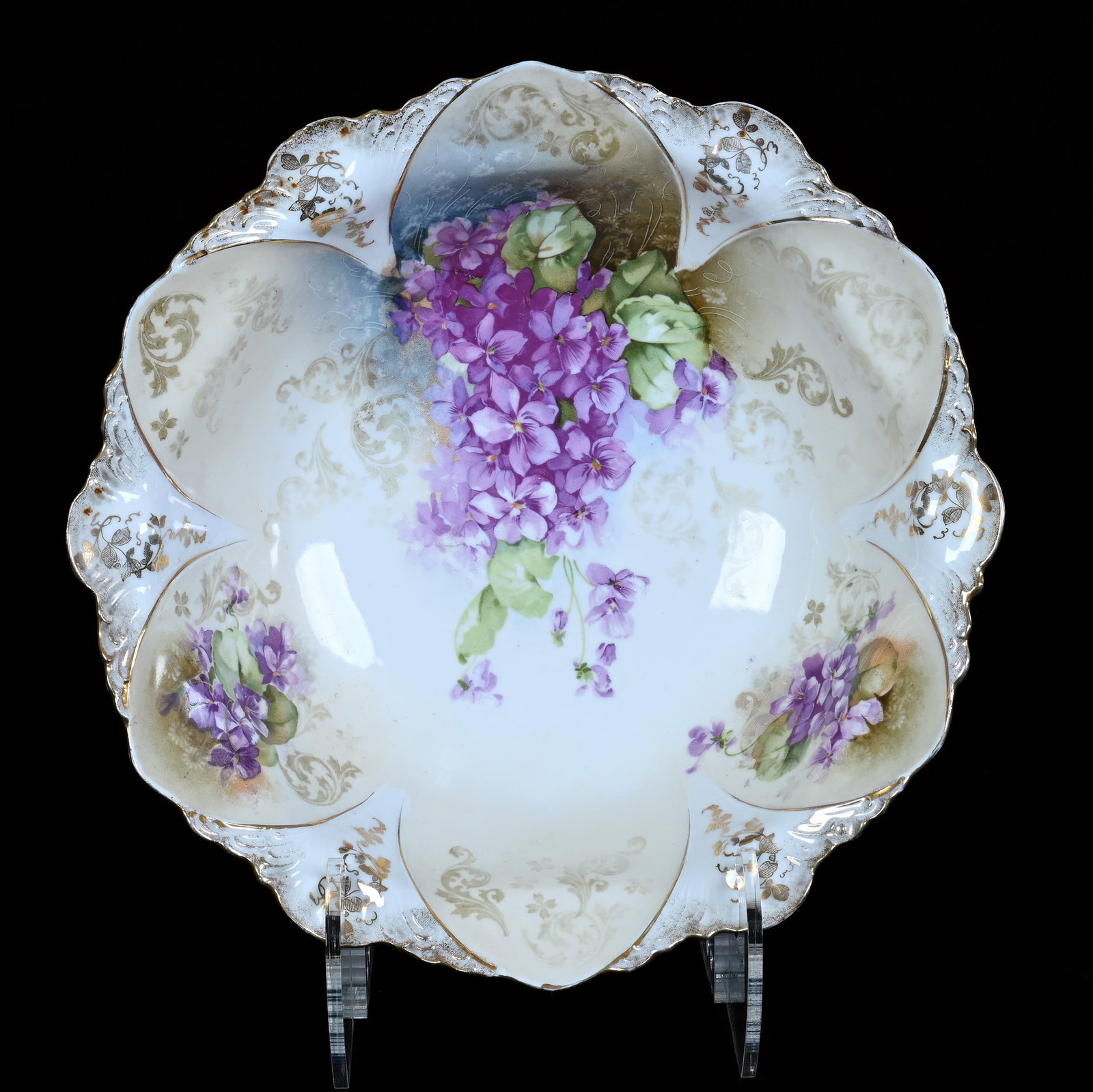 Bowl, Marked R.S. Prussia: Bowl, Marked R.S. Prussia, 11 x 11 x 3 Inches, Blue, Green, Cream, And White Tones With Violet Decor, 1.2 Pounds. LiveAuctioneers Invoices Must Be Paid Using the PAY NOW / CHECK OUT Button Which
