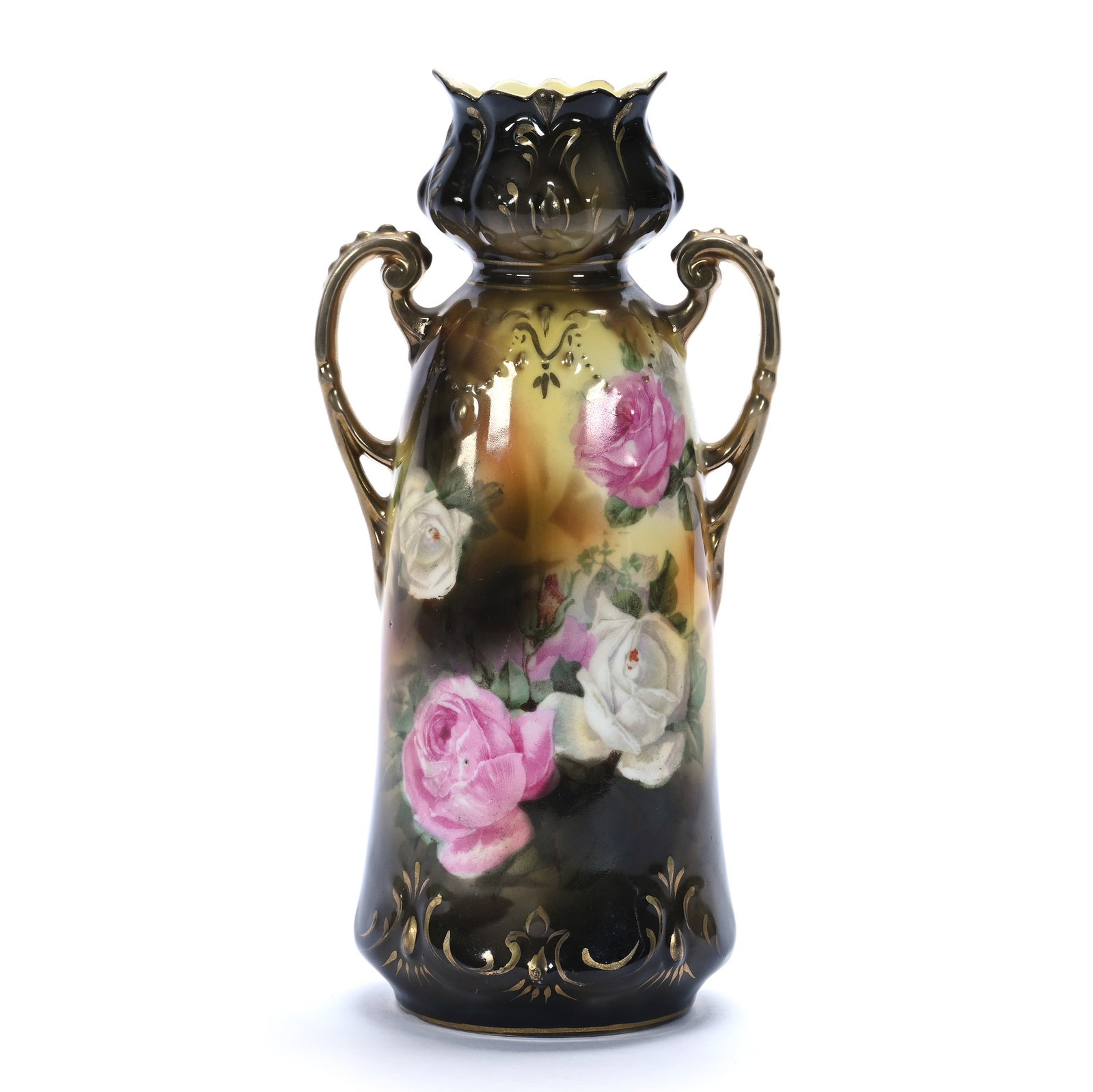 Two Handled Vase, Marked R.S. Prussia, Jewel Mold: Two Handled Vase, Marked R.S. Prussia, Jewel Mold, 8.5 x 4 x 3.5 Inches, Dark Green/Brown And Yellow Background With Pink And White Rose Decor, Surface Chip On Base Ring, 0.8 Pounds. LiveAuctioneers I