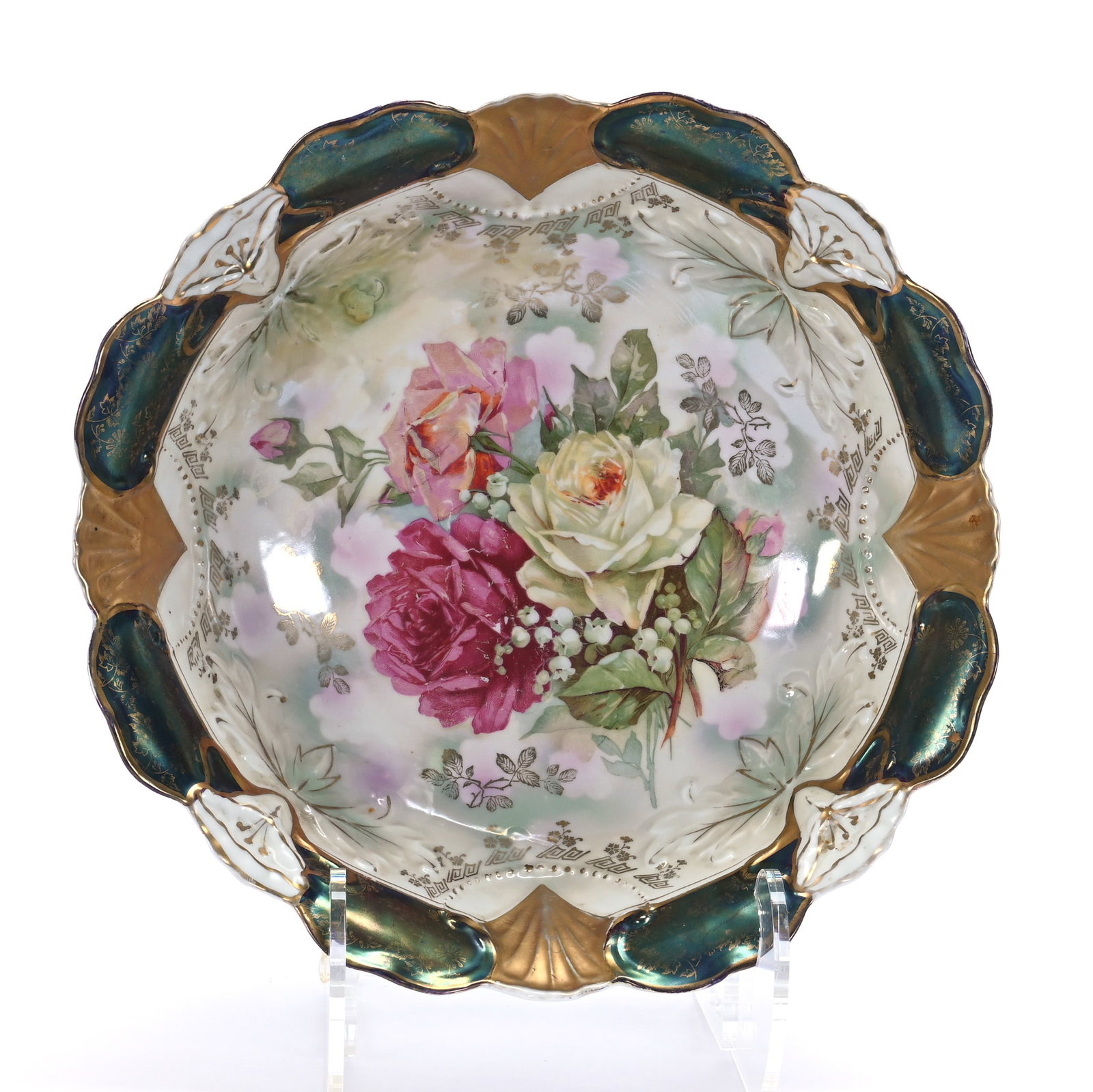 Bowl, Unmarked Germany: Bowl, Unmarked Germany, 10.5 x 10.5 x 3.25 Inches, Green And White Luster Finish With Pink And White Rose Decor, Iridescent Tiffany And Gold Border, Factory Surface Blemish, 1.3 Pounds.