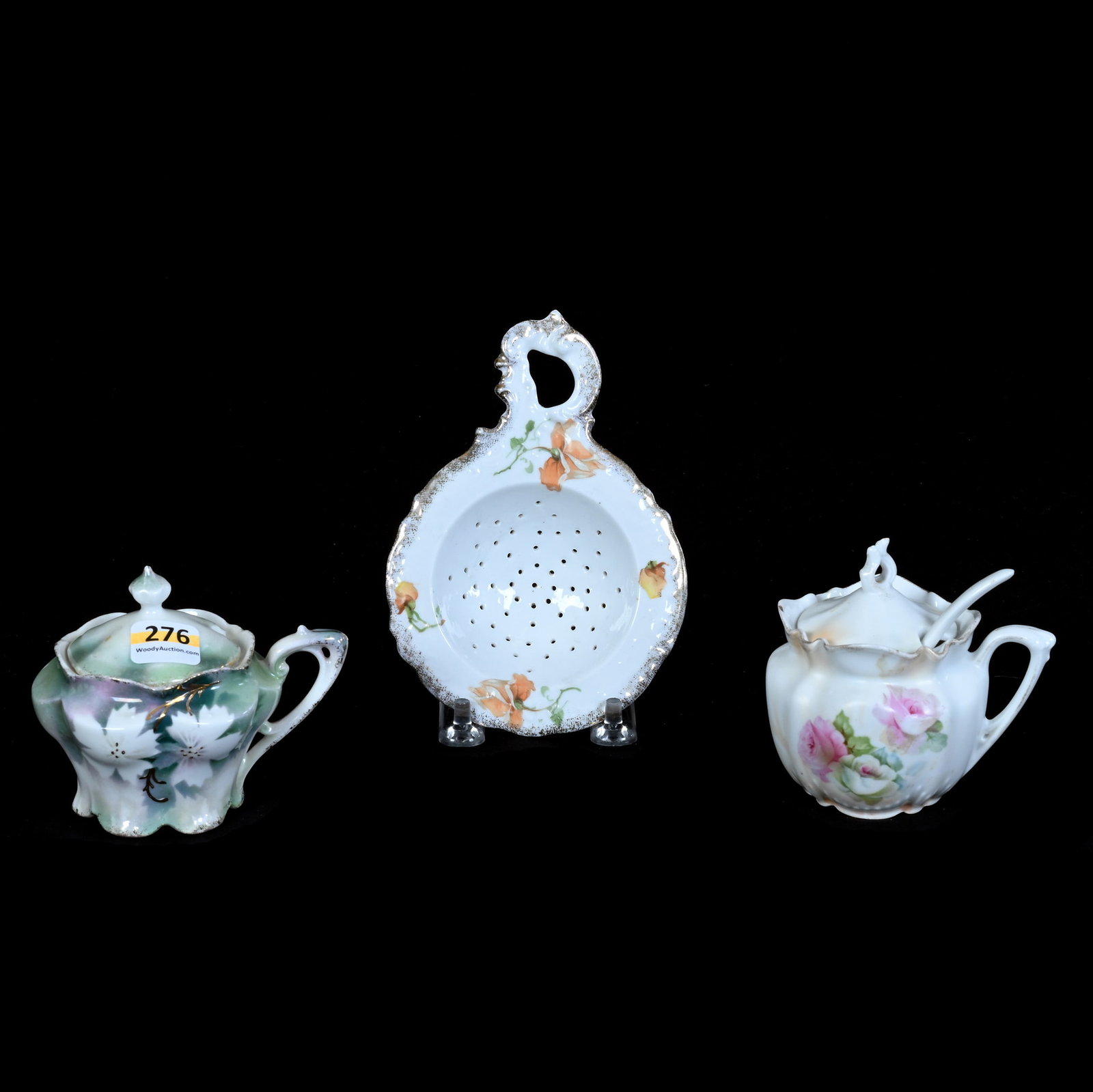 (3) Prussia Items: (3) Prussia Items, 5.5 x 4 x 0.75 Inches, (1) Tea Strainer, Unmarked, White With Floral Decor, (1) 3.25" x 3.5" Mustard Jar, Marked R.S. Prussia, White Satin Finish With Rose Decor, (1) 3.25" x 4"