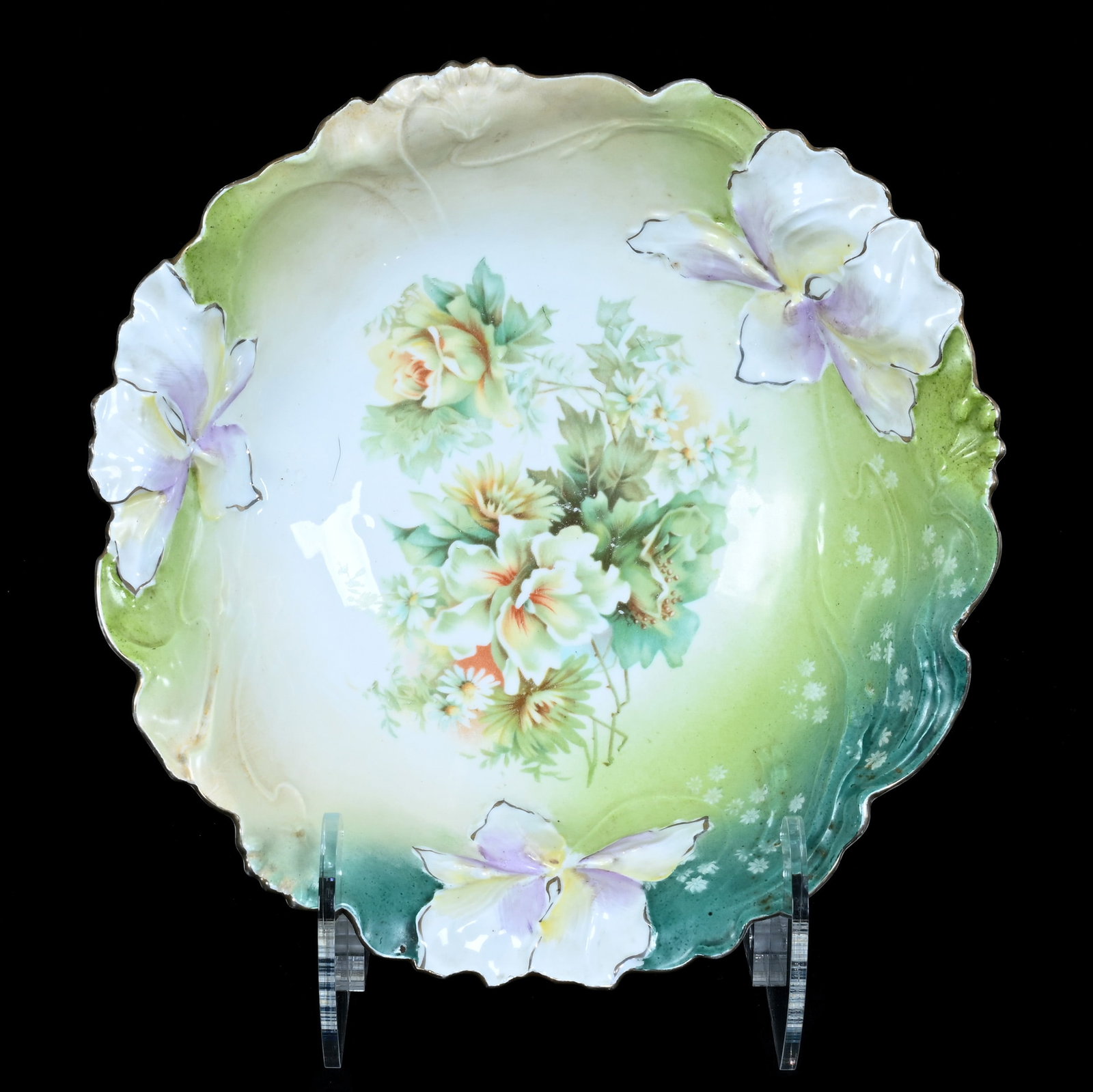 Bowl, Unmarked R.S. Prussia, Iris Variation Mold: Bowl, Unmarked R.S. Prussia, Iris Variation Mold, 9.75 x 9.75 x 2.75 Inches, Green, Cream, And White Tones With Floral Decor, 1 Pound. LiveAuctioneers Invoices Must Be Paid Using the PAY NOW / CHECK