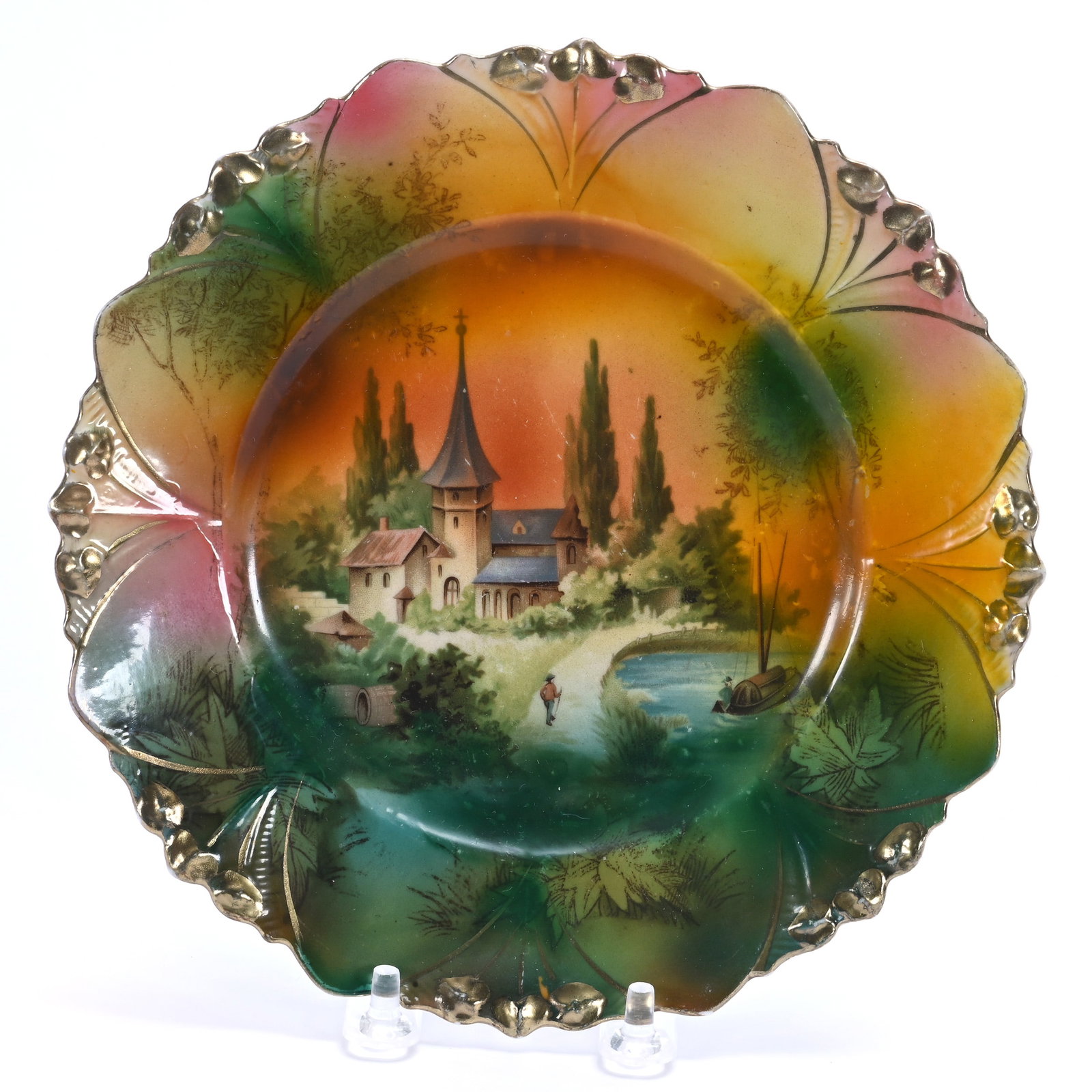 Plate, Unmarked R.S. Prussia: Plate, Unmarked R.S. Prussia, 7.75 x 7.75 x 0.75 Inches, Castle Scene Decor, Green, Pink, And Yellow Tones, 0.6 Pounds. LiveAuctioneers Invoices Must Be Paid Using the PAY NOW / CHECK OUT Button