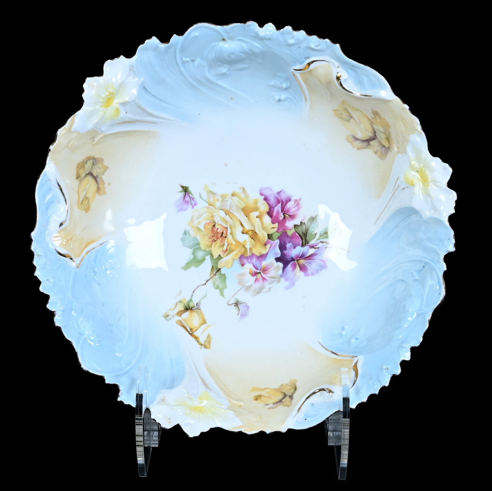 Bowl, Unmarked R.S. Prussia: Bowl, Unmarked R.S. Prussia, 10.5 x 10.5 x 3 Inches, Blue, Cream, And White Tones With Floral Decor, 1.1 Pounds. LiveAuctioneers Invoices Must Be Paid Using the PAY NOW / CHECK OUT Button Which