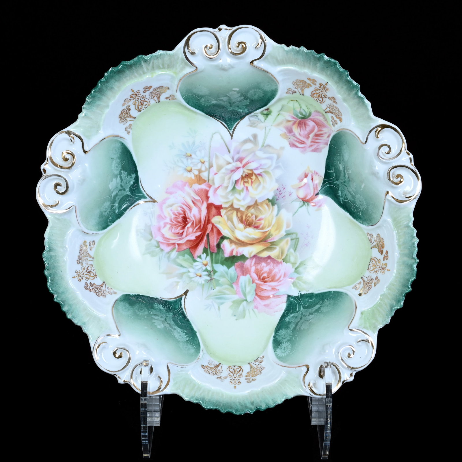 Bowl, Marked R.S. Prussia: Bowl, Marked R.S. Prussia, 10.5 x 10.5 x 3.25 Inches, Green And White Tones With Rose Decor, Nice Mold, 1.3 Pounds. LiveAuctioneers Invoices Must Be Paid Using the PAY NOW / CHECK OUT Button Which