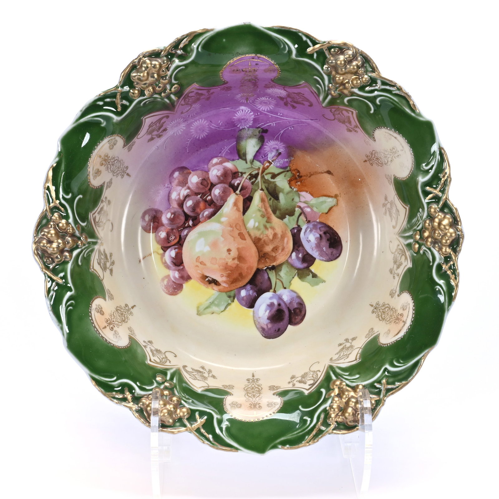 Bowl, Marked R.S. Prussia, Grape Mold: Bowl, Marked R.S. Prussia, Grape Mold, 10.25 x 10.25 x 2.75 Inches, Lavender And Cream Center With Fruit Decor, Green Border With Gold Highlights, 1.2 Pounds. LiveAuctioneers Invoices Must Be Paid