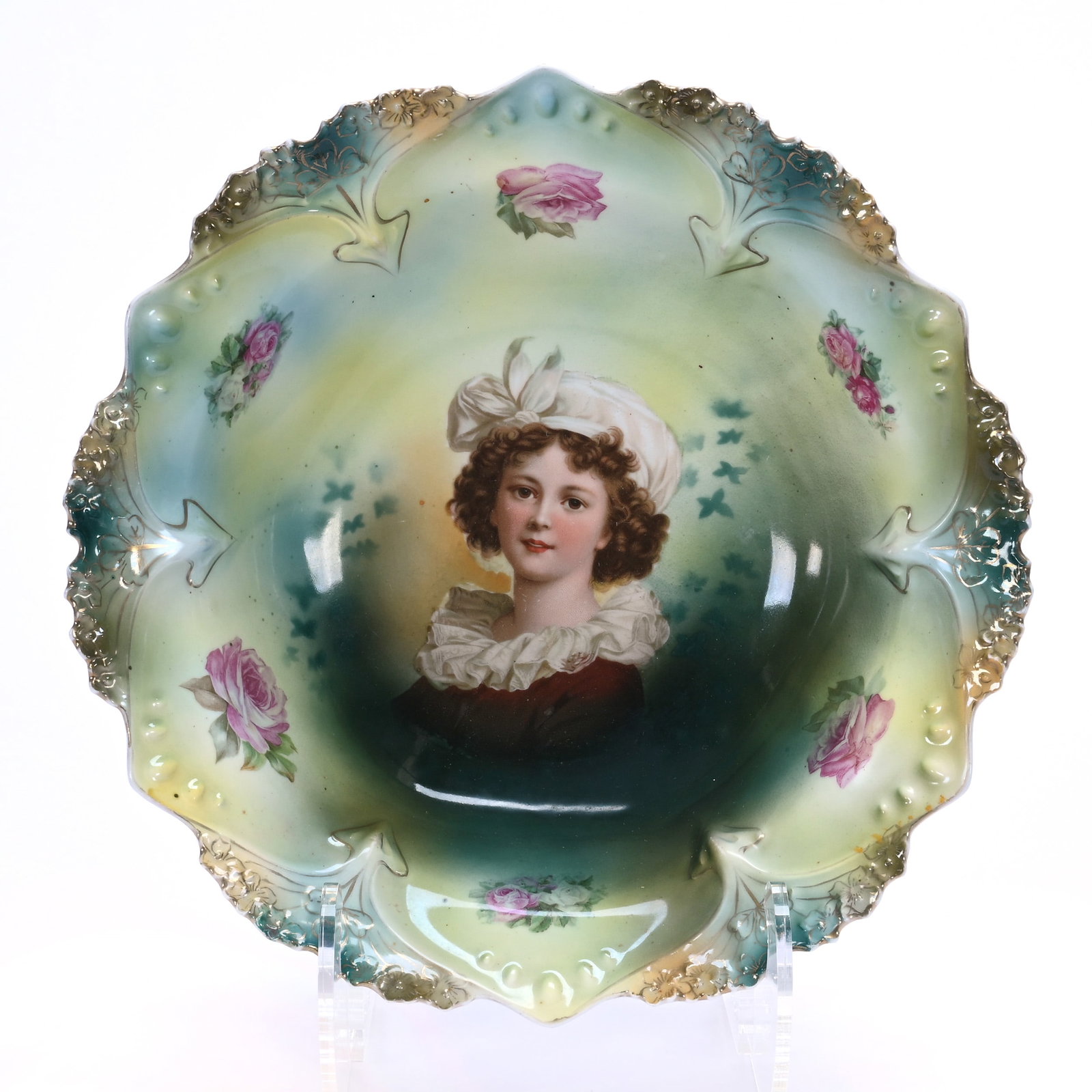 Bowl, Marked R.S. Prussia, Point And Clover Mold: Bowl, Marked R.S. Prussia, Point And Clover Mold, 10.75 x 10.75 x 3 Inches, Green And Yellow Background With Lebrun With Hat Portrait, Base Ring Chip Repair, 1.2 Pounds. LiveAuctioneers Invoices Must