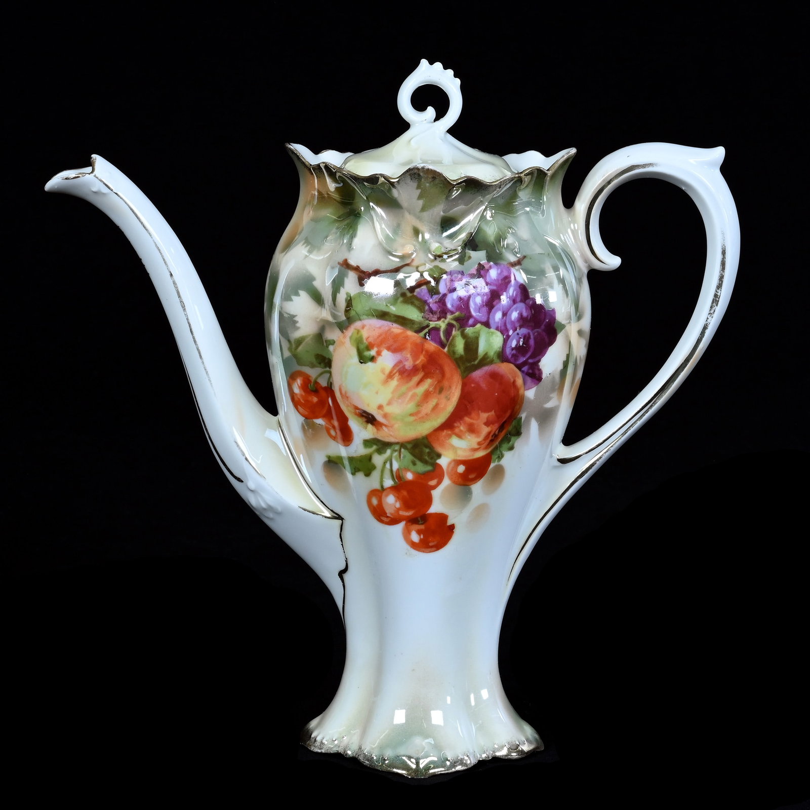 Coffee Pot, Marked R.S. Prussia: Coffee Pot, Marked R.S. Prussia, 9 x 8.75 x 4 Inches, Green, Peach, And White Luster Finish With Fruit Decor, 1 Pound. LiveAuctioneers Invoices Must Be Paid Using the PAY NOW / CHECK OUT Button Which