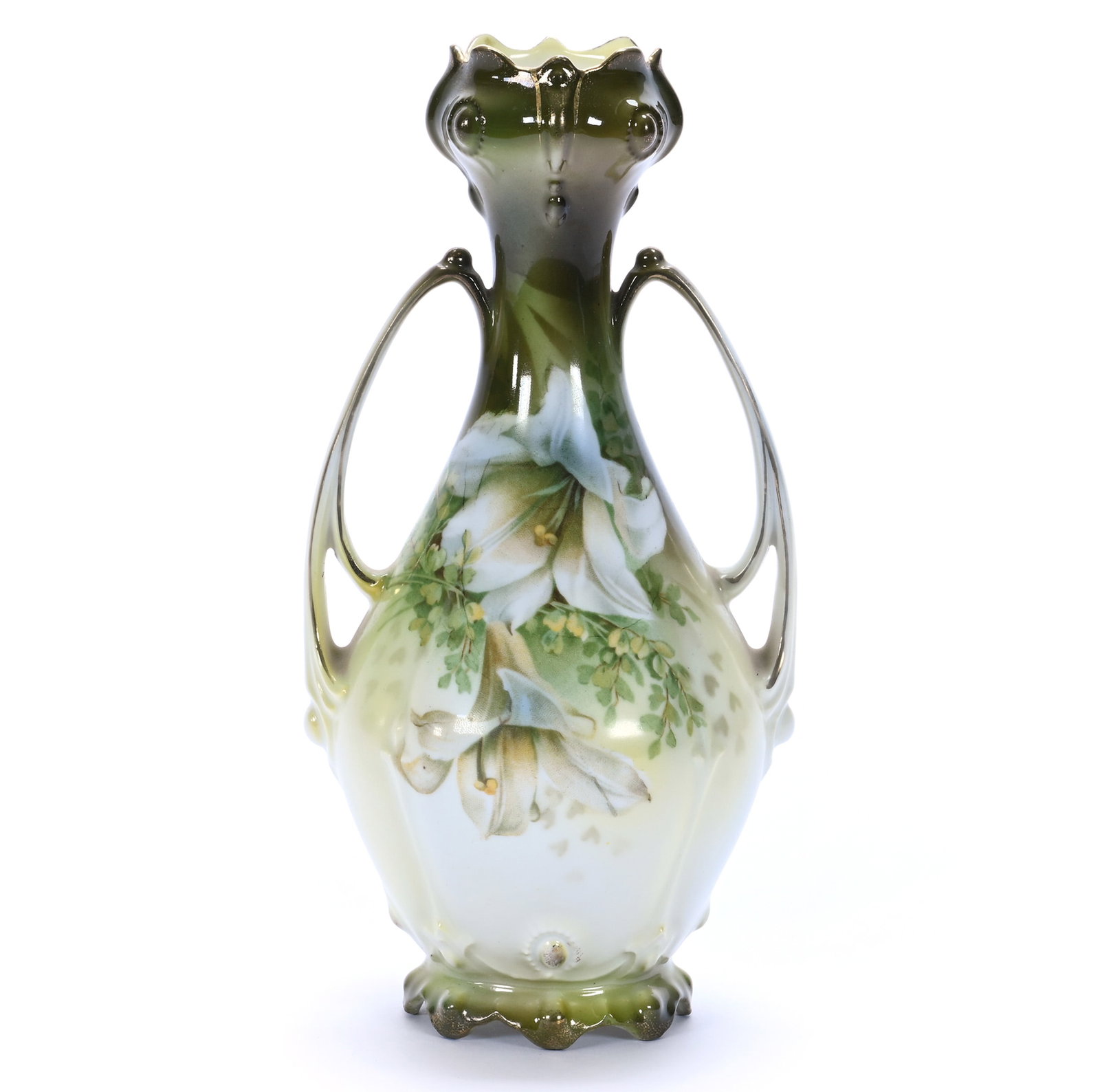 Two Handled Vase, Marked R.S. Prussia: Two Handled Vase, Marked R.S. Prussia, 8 x 4 x 3.5 Inches, Green And White Tones With Easter Lily Decor, 0.5 Pounds. LiveAuctioneers Invoices Must Be Paid Using the PAY NOW / CHECK OUT Button Which