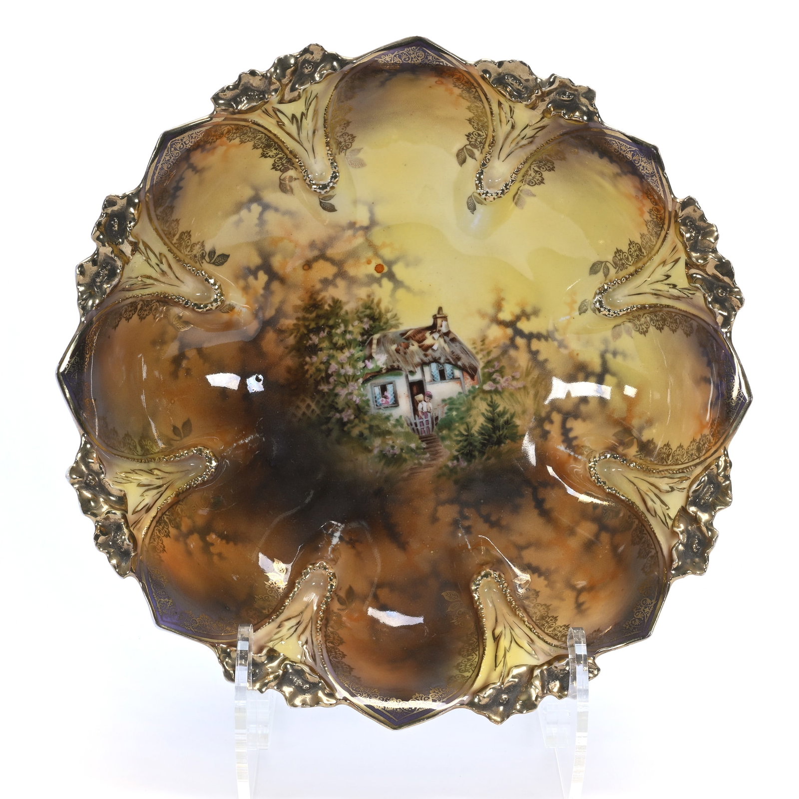 Bowl, Marked R.S. Prussia: Bowl, Marked R.S. Prussia, 10.25 x 10.25 x 3 Inches, Cottage Scene Decor, Brown And Yellow Tones, Very Nice Gold Highlights, 1.2 Pounds. LiveAuctioneers Invoices Must Be Paid Using the PAY NOW /