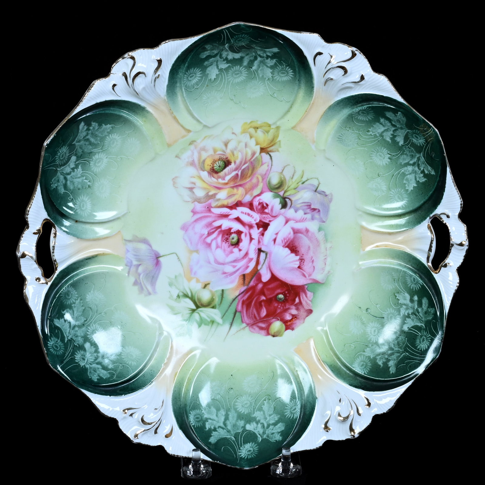 Two Handled Cake Plate, Marked R.S. Prussia: Two Handled Cake Plate, Marked R.S. Prussia, 11 x 11 x 1.75 Inches, Green, Cream, And White With Poppy Decor, 1.1 Pounds. LiveAuctioneers Invoices Must Be Paid Using the PAY NOW / CHECK OUT Button