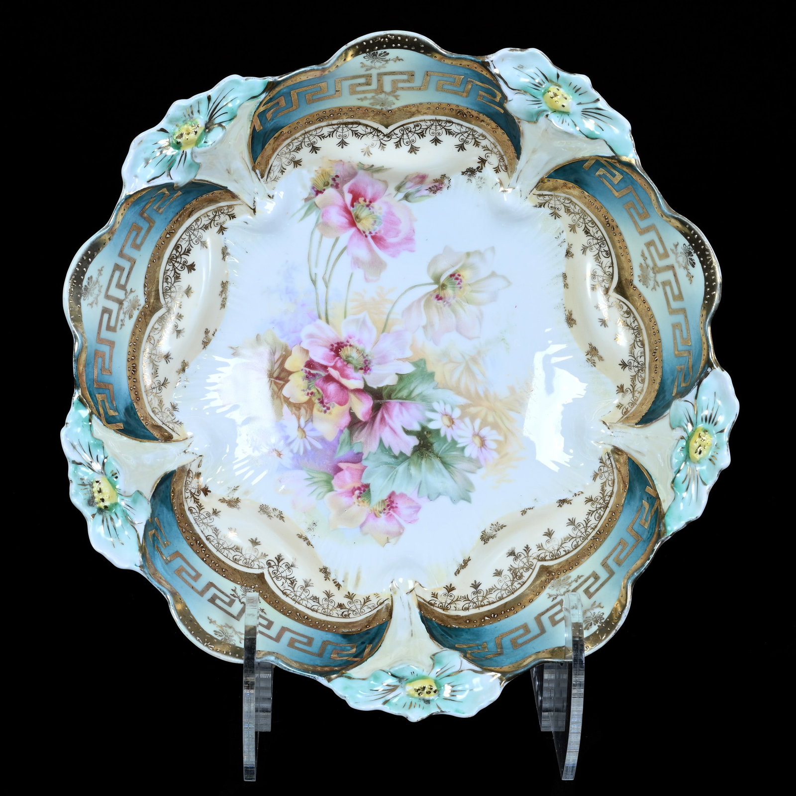 Bowl, Unmarked R.S. Prussia, Lily Mold: Bowl, Unmarked R.S. Prussia, Lily Mold, 10 x 10 x 2.5 Inches, White Center With Wild Floral Decor, Cream And Green Border, Gold Trim Highlights, 1 Pound. LiveAuctioneers Invoices Must Be Paid Using