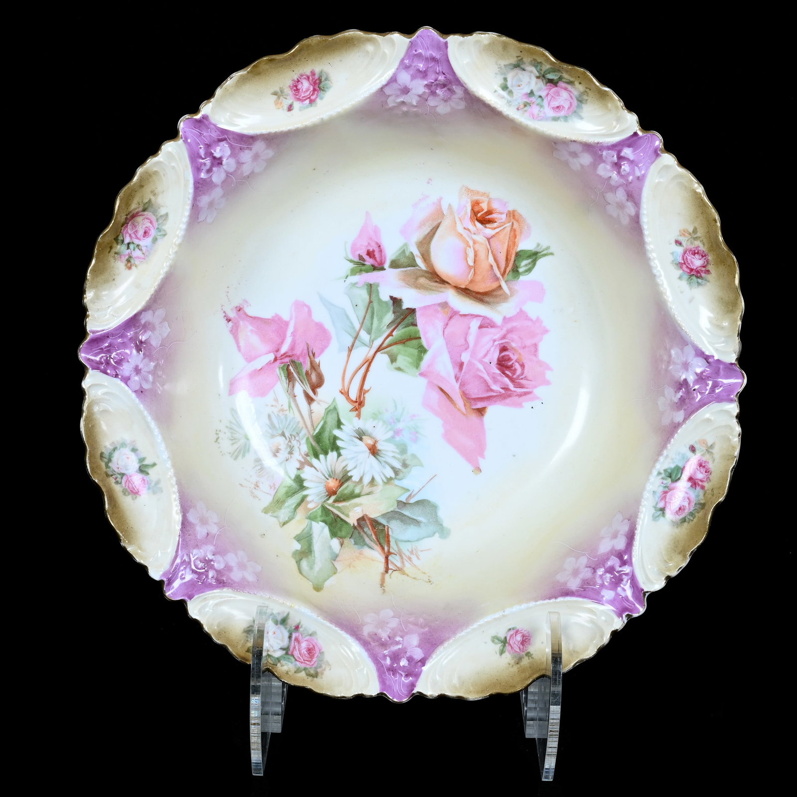 Bowl, Marked R.S. Prussia: Bowl, Marked R.S. Prussia, 11 x 11 x 3 Inches, Rose And Daisy Decor, Cream, Lavender, And White Tones, 1.2 Pounds. LiveAuctioneers Invoices Must Be Paid Using the PAY NOW / CHECK OUT Button Which