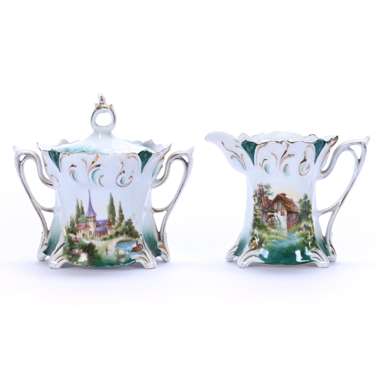 Creamer And Sugar, Marked R.S. Prussia: Creamer And Sugar, Marked R.S. Prussia, 4.75 x 5.25 x 4 Inches, Green And White With Castle And Mill Scene Decor, Sugar Has Rim Chips, 0.8 Pounds. LiveAuctioneers Invoices Must Be Paid Using the PAY