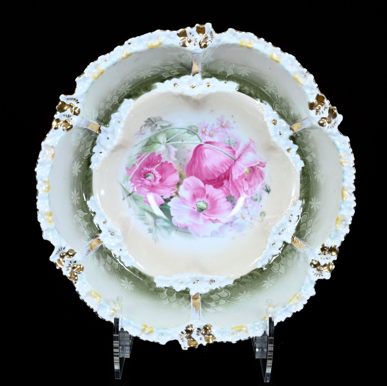Bowl, Marked R.S. Prussia, Mold 211A: Bowl, Marked R.S. Prussia, Mold 211A+C219, 10.5 x 10.5 x 3.5 Inches, Pink Poppy Decor, Cream And Green Tones, 1.5 Pounds. LiveAuctioneers Invoices Must Be Paid Using the PAY NOW / CHECK OUT Button Whi