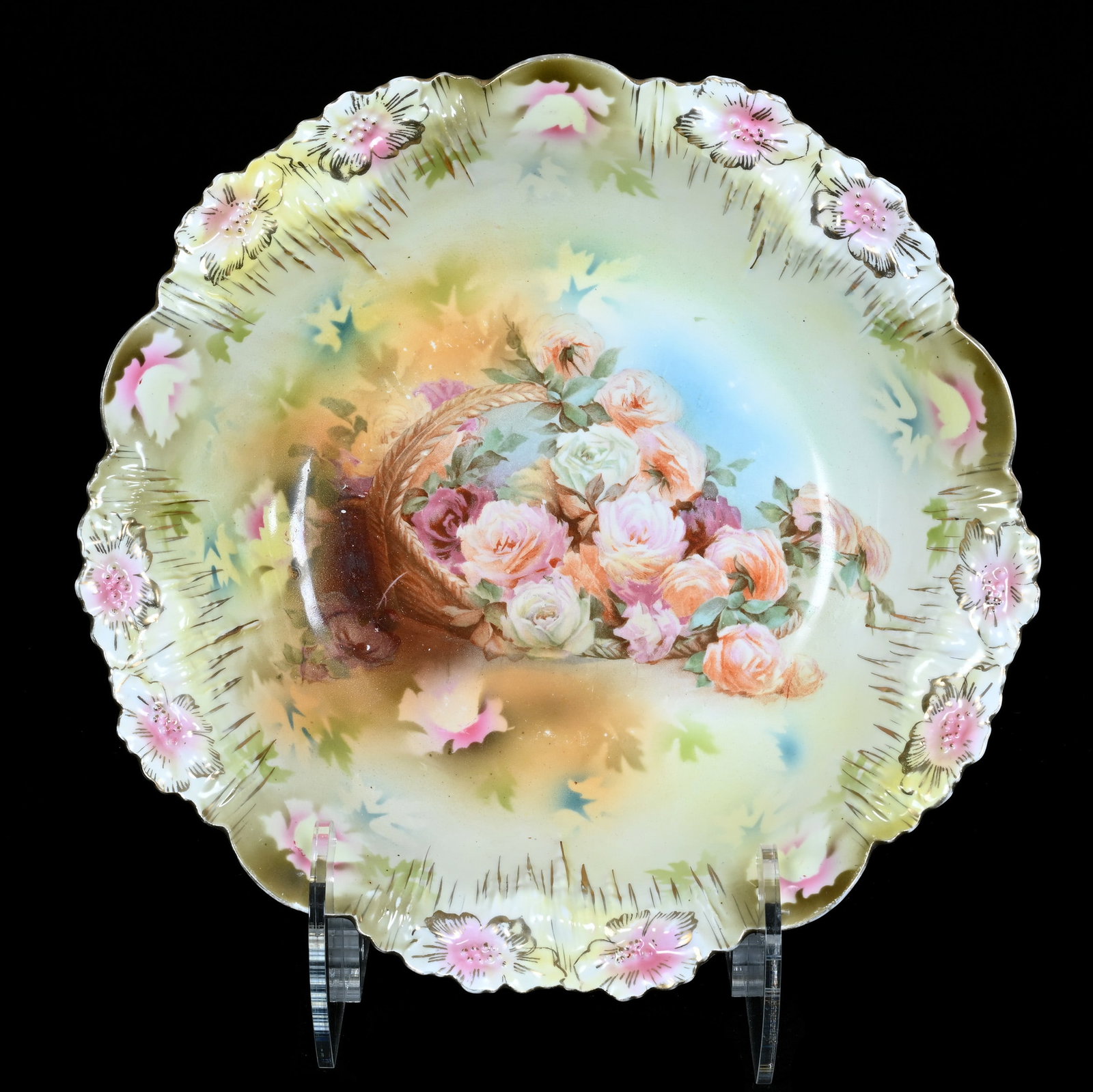 Bowl, Marked R.S. Prussia, Icicle Mold: Bowl, Marked R.S. Prussia, Icicle Mold, 10.5 x 10.5 x 2.75 Inches, Green, Yellow, And Pink Tones With Spilled Basket Decor, 1 Pound. LiveAuctioneers Invoices Must Be Paid Using the PAY NOW / CHECK