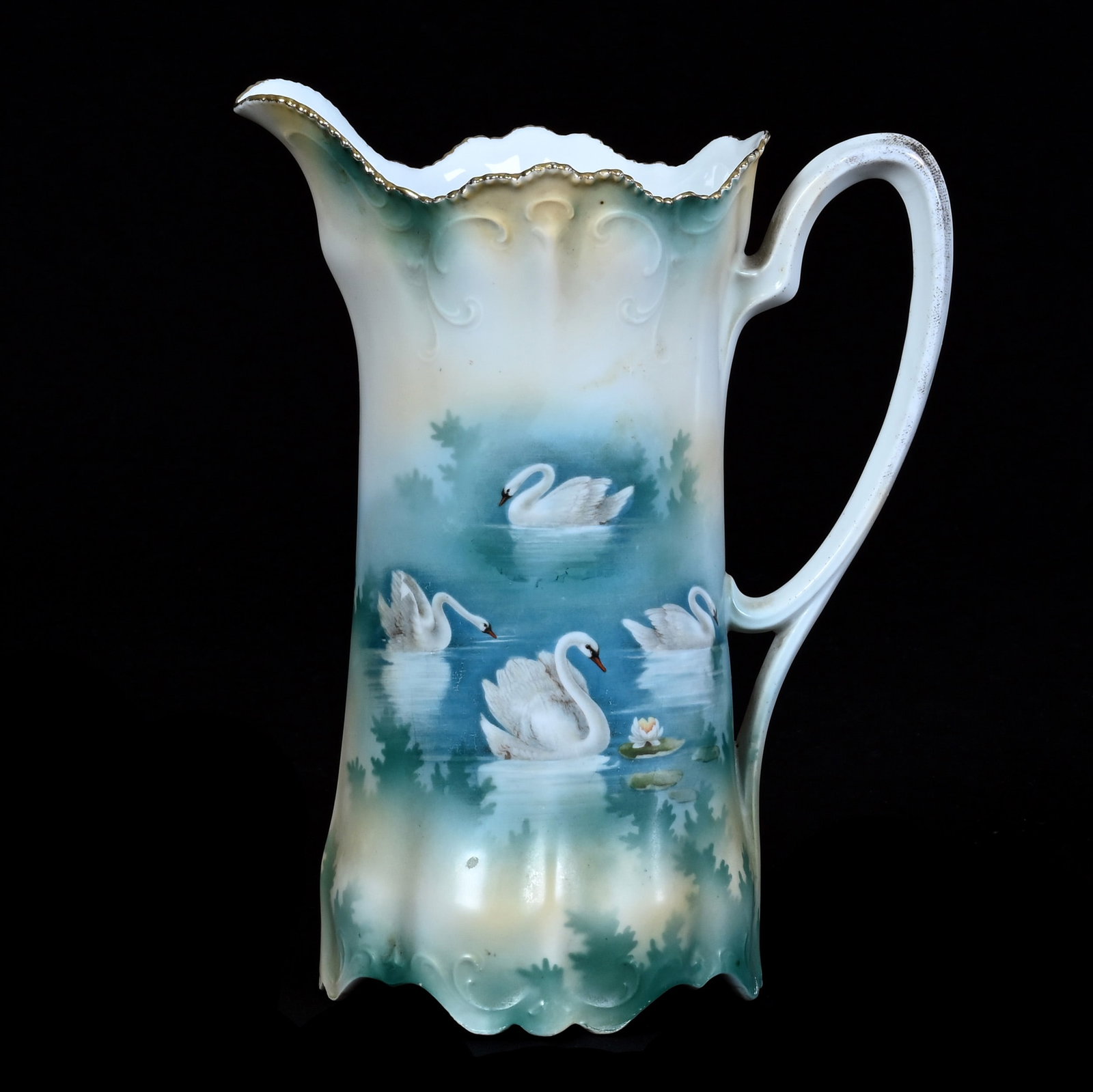 Tankard, Marked R.S. Prussia: Tankard, Marked R.S. Prussia, 9.75 x 7.75 x 5 Inches, Cream And Blue Tones With Swan Scenic Decor, 1.5 Pounds. LiveAuctioneers Invoices Must Be Paid Using the PAY NOW / CHECK OUT Button Which Includes