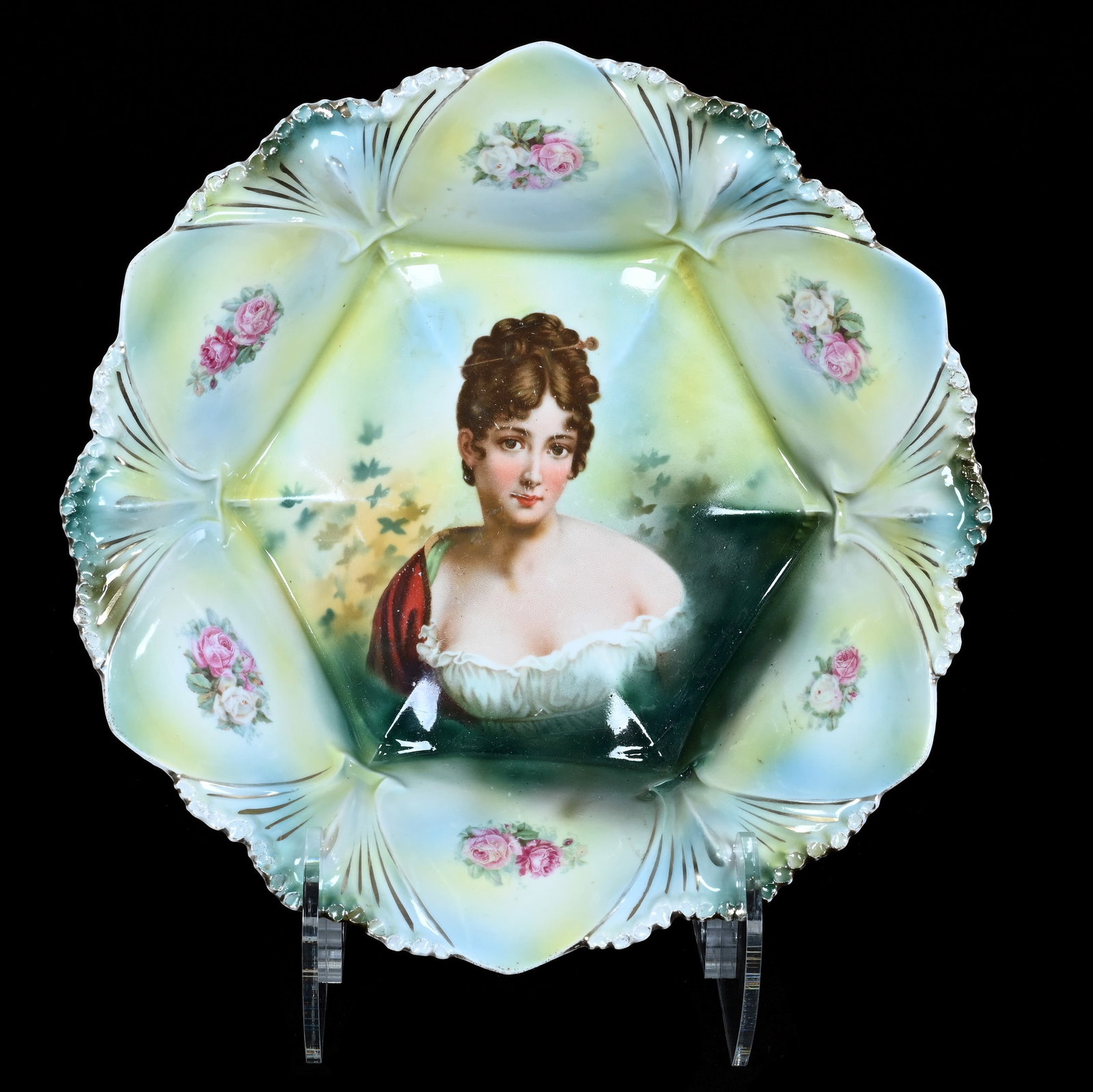 Bowl, Marked R.S. Prussia: Bowl, Marked R.S. Prussia, 10.5 x 10.5 x 2.75 Inches, Green And Yellow Tones With Recamier Portrait, Light Surface Scratches, 1.3 Pounds. LiveAuctioneers Invoices Must Be Paid Using the PAY NOW / CHEC