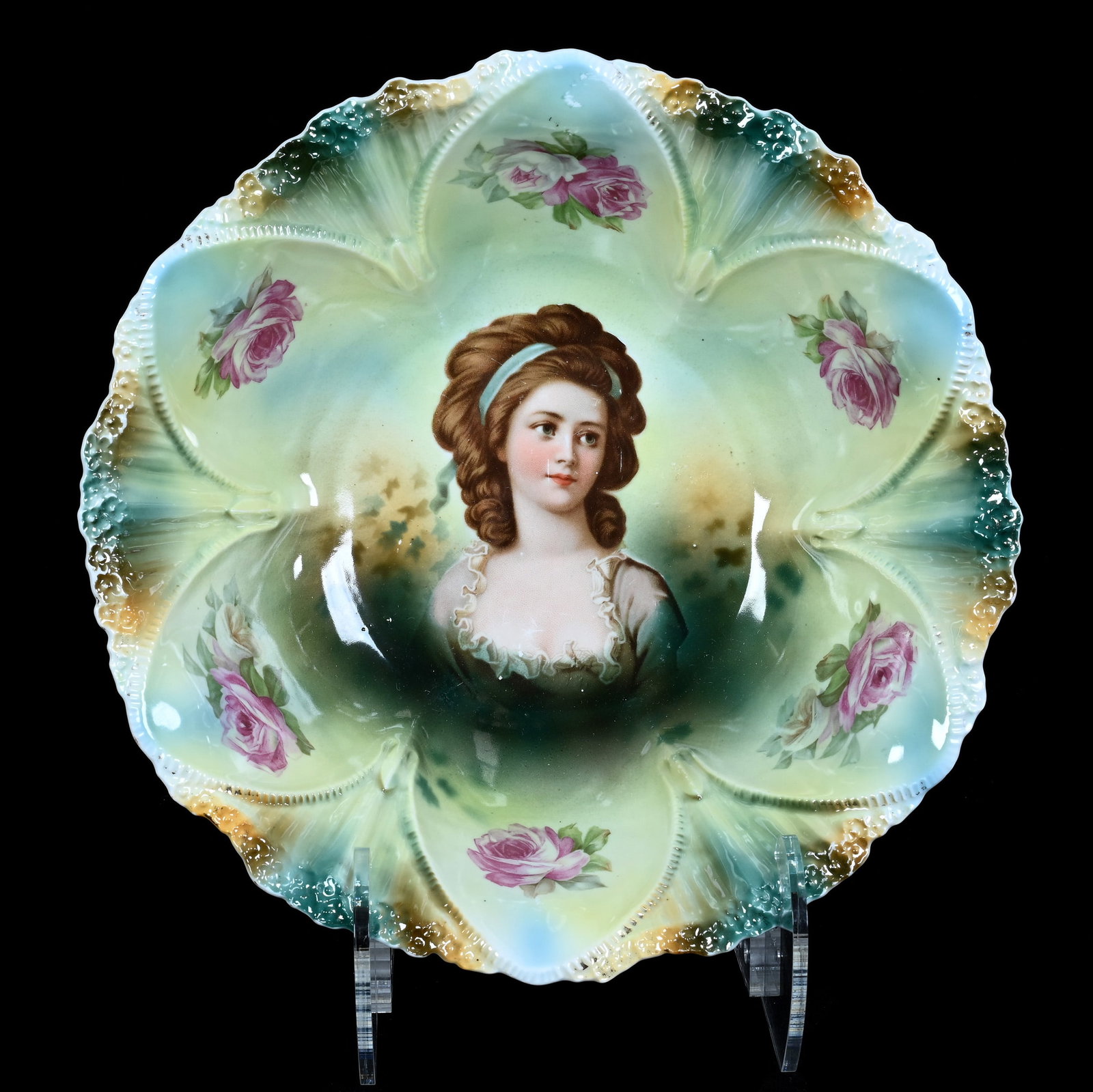 Bowl, Marked R.S. Prussia: Bowl, Marked R.S. Prussia 10.5 x 10.5 x 3 Inches, Green, Yellow, Blue, And Brown Tones With Potocka Portrait, Rim Nick, 1.4 Pounds. LiveAuctioneers Invoices Must Be Paid Using the PAY NOW / CHECK OUT 