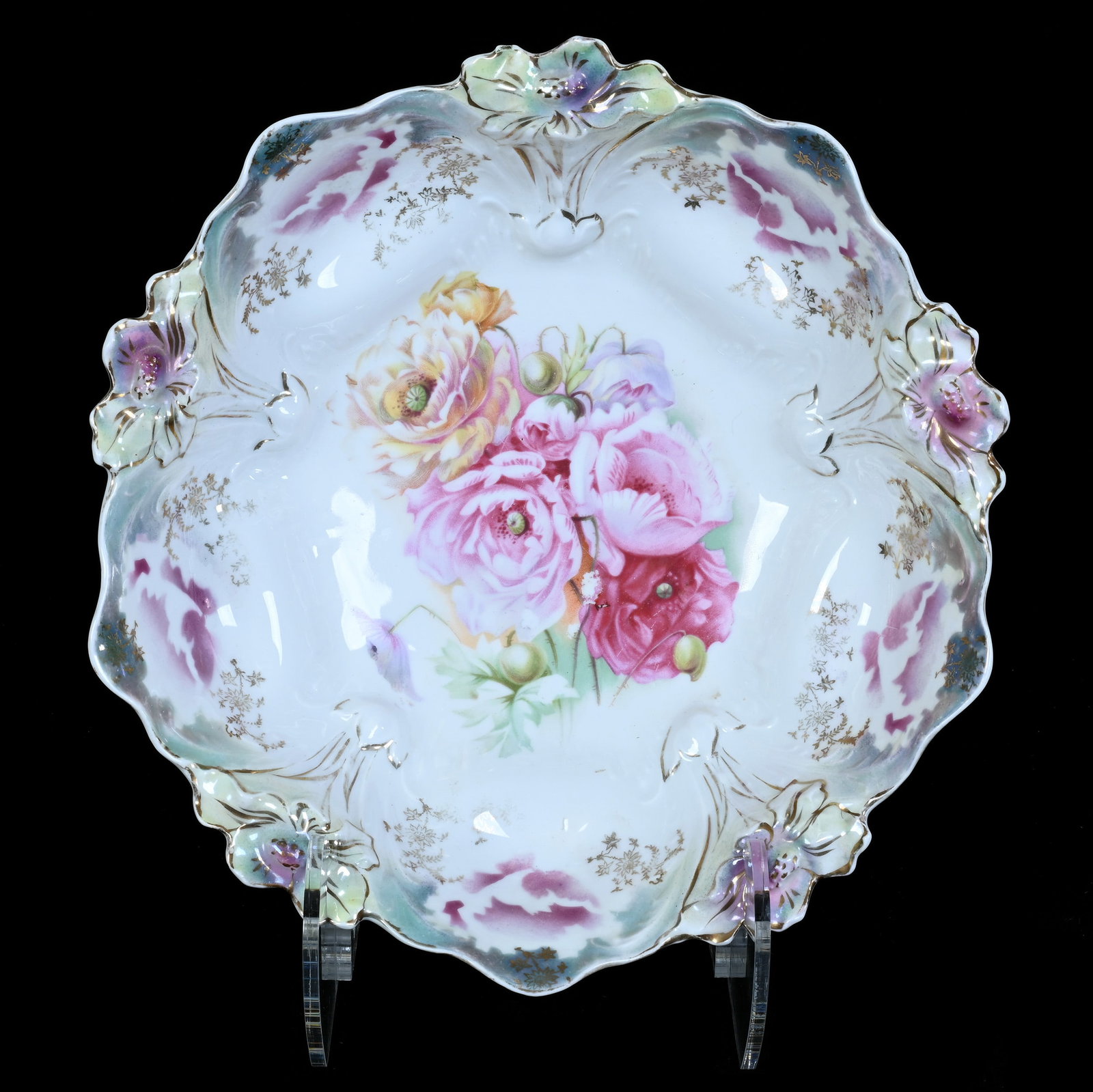Bowl, Marked R.S. Prussia, Lily Mold: Bowl, Marked R.S. Prussia, Lily Mold, 10.5 x 10.5 x 3 Inches, Green, Lavender, And White Luster Finish With Poppy Decor, 1.3 Pounds. LiveAuctioneers Invoices Must Be Paid Using the PAY NOW / CHECK OUT