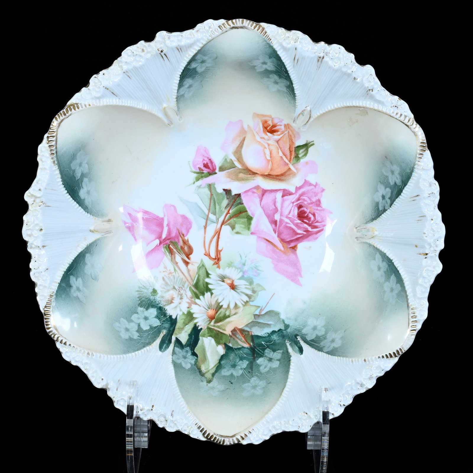 Bowl, Marked R.S. Prussia: Bowl, Marked R.S. Prussia, 10.75 x 10.75 x 3 Inches, Rose And Daisy Decor On Green, Cream, And White Ground, 1.3 Pounds. LiveAuctioneers Invoices Must Be Paid Using the PAY NOW / CHECK OUT Button Whic