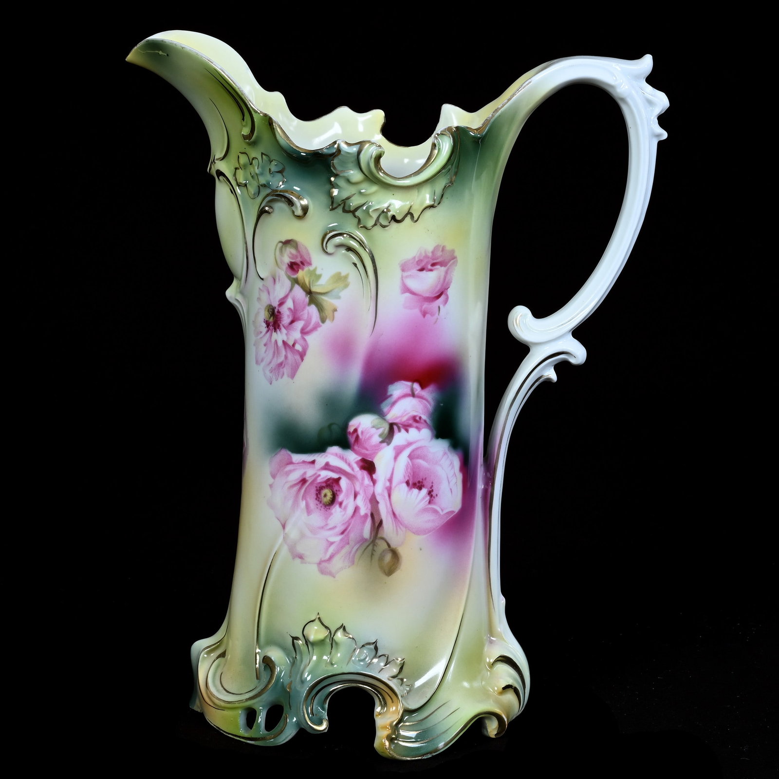 Tankard, Marked R.S. Prussia: Tankard, Marked R.S. Prussia, 11.75 x 9 x 5.5 Inches, Green And Yellow Tones With Pink Poppy Decor, Nice Example, 2.4 Pounds. LiveAuctioneers Invoices Must Be Paid Using the PAY NOW / CHECK OUT Button