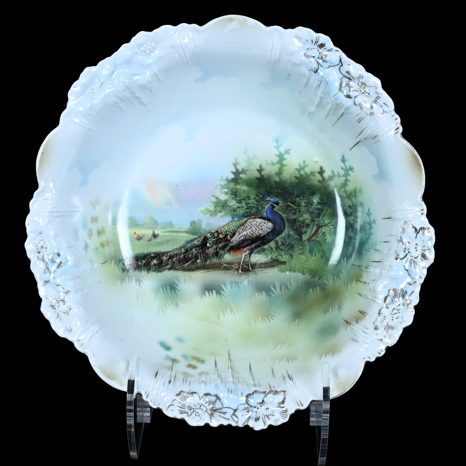 Bowl, Marked R.S. Prussia, Icicle Mold: Bowl, Marked R.S. Prussia, Icicle Mold, 10.25 x 10.25 x 2.75 Inches, Peacock Scenic Decor, 1.2 Pounds. LiveAuctioneers Invoices Must Be Paid Using the PAY NOW / CHECK OUT Button Which Includes Fees An