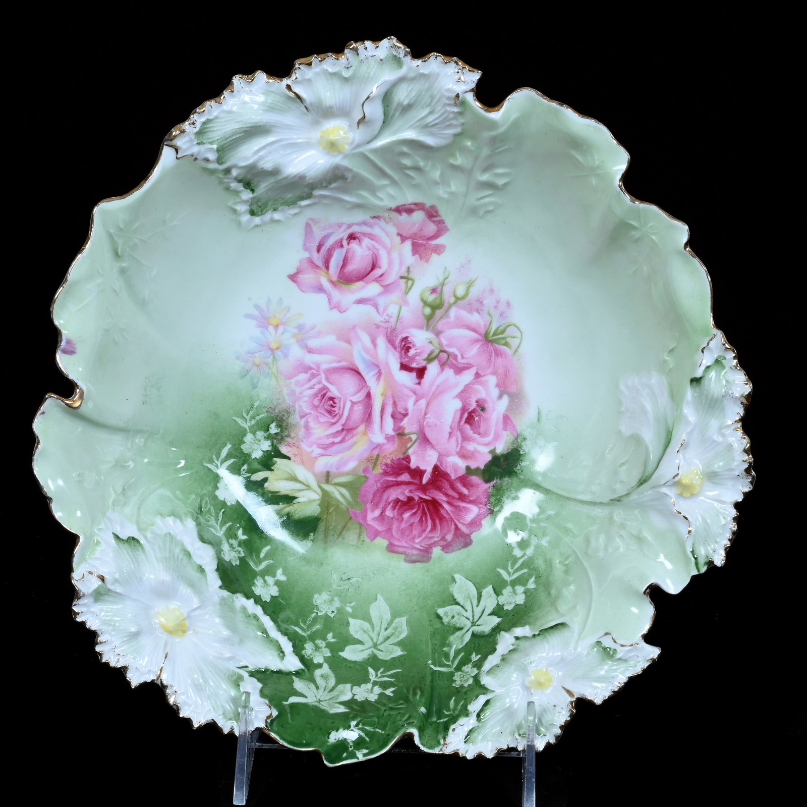 Bowl, Marked R.S. Prussia, Carnation Mold: Bowl, Marked R.S. Prussia, Carnation Mold, 9.25 x 9.25 x 2.5 Inches, Green And White Tones With Pink Rose Decor, 1 Pound. LiveAuctioneers Invoices Must Be Paid Using the PAY NOW / CHECK OUT Button Whi